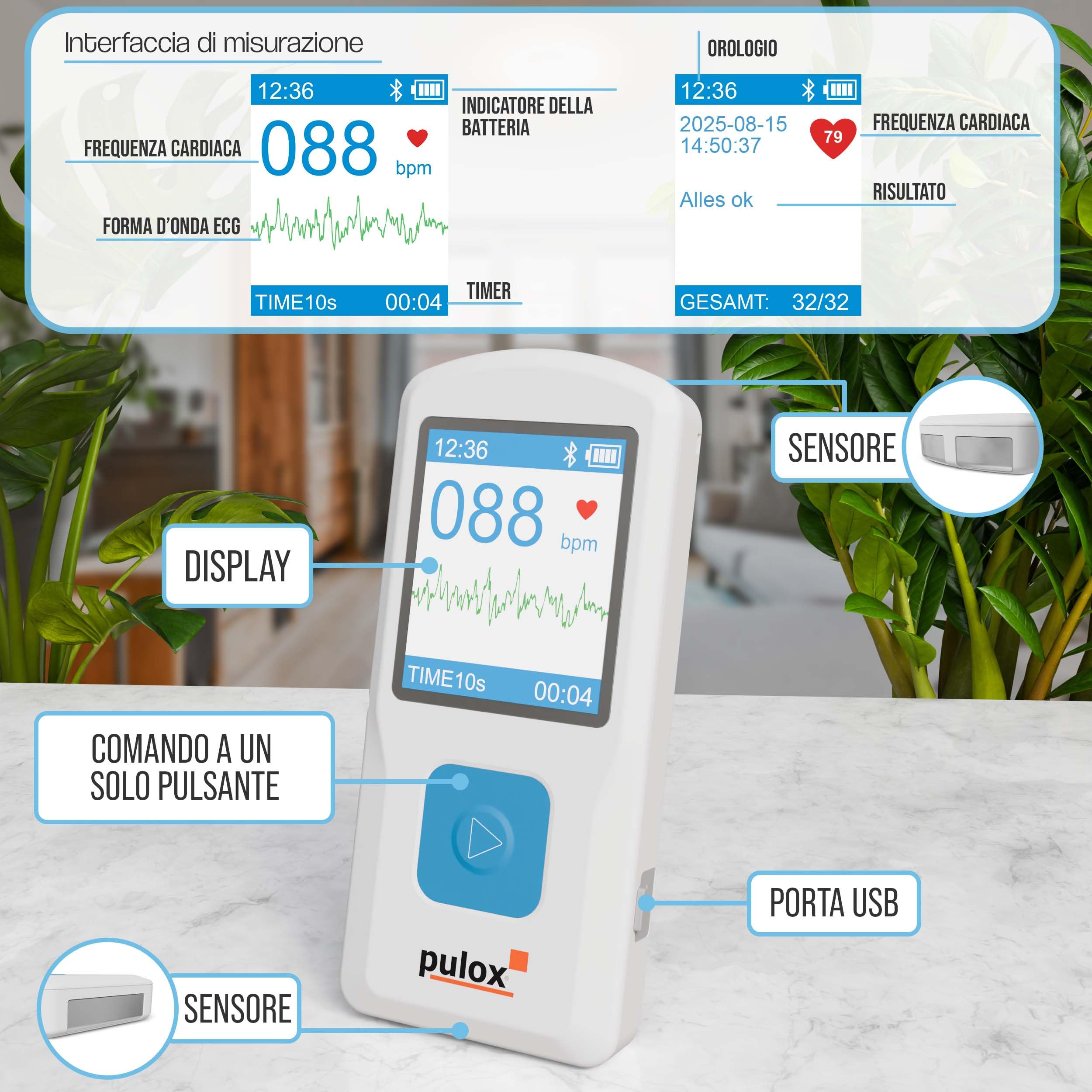 Pulox PM10 - Dispositivo ECG monocanale mobile - Monitor ECG con analisi, USB, app per smartphone e software per PC