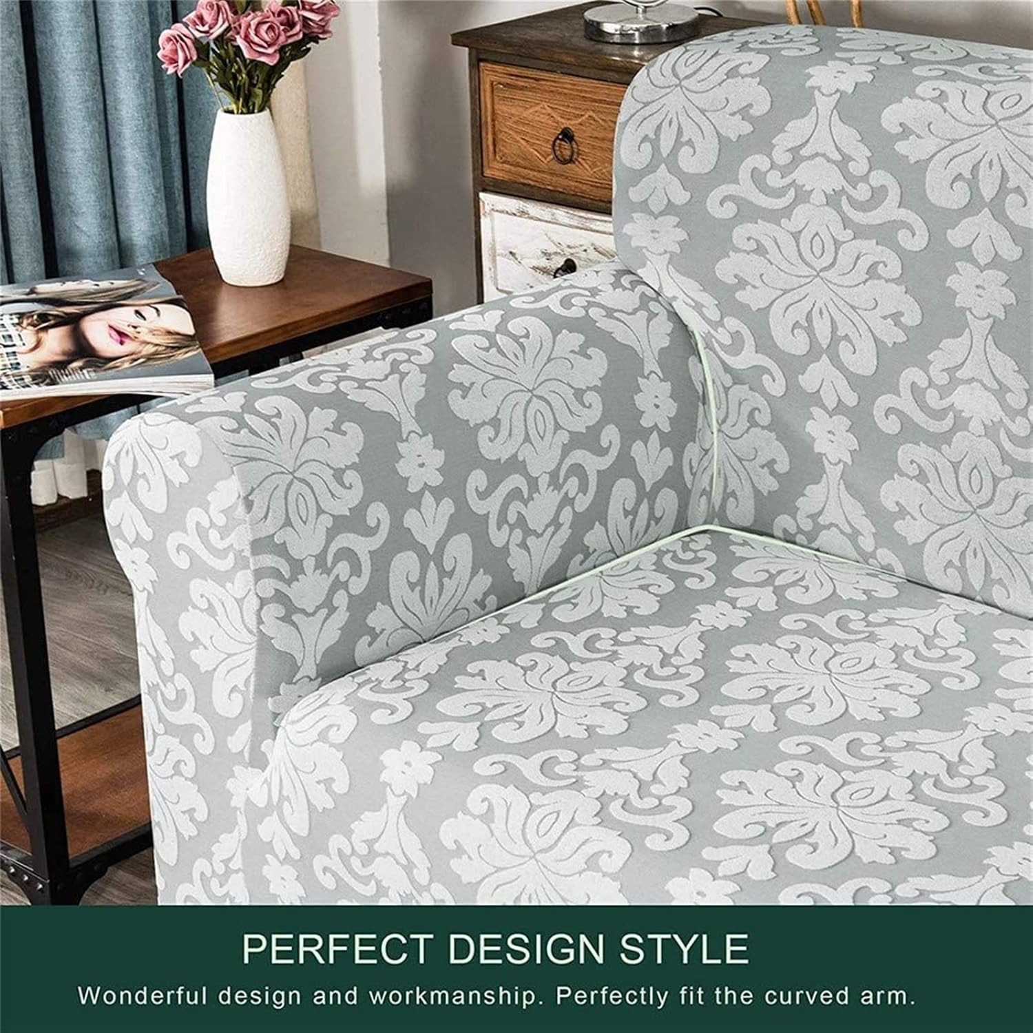 Universal Sofa Covers 1-Piece,Jacquard Damask Stretch Sofa Cover Armchair Covers 1 2 3 4 Seater Polyester Spandex Floral Pattern Anti-Slip Couch Slipcover for Pets Sofa Covers Dining Chair Covers