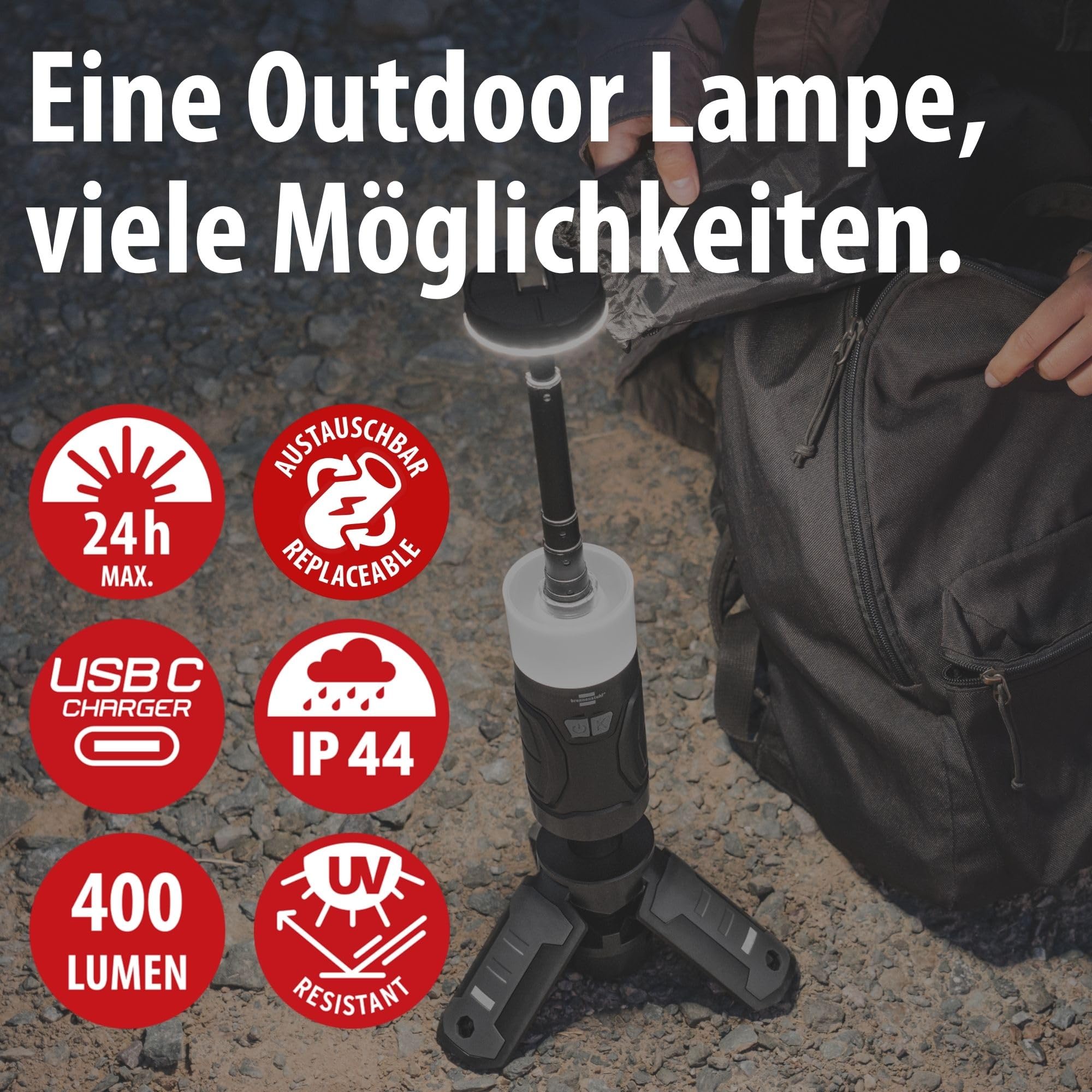 Brennenstuhl Akku LED Outdoor Lampe UL 400 AT | Campinglampe 400lm, IP44, bis zu 24h Leuchtdauer, dimmbar, Farbtemperatur einstellbar, ausziehbar bis 1,03m, Powerbank