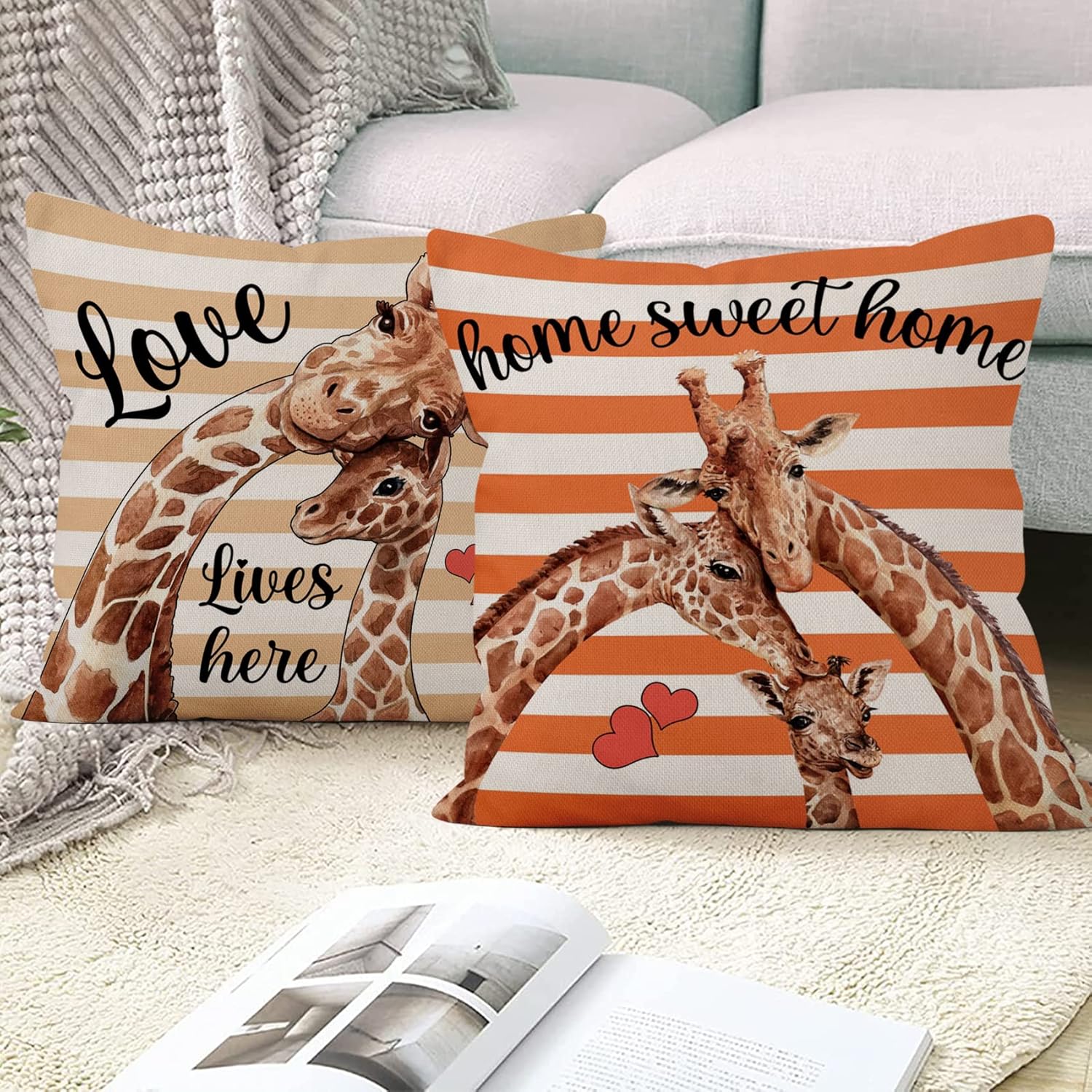 Yeele 26x26inches Lovely Giraffe Pillow Covers Set of 4 Home Sweet Home Giraffe Printed Decorative Pillow Cover Colorful Striped Linen Cushion Case for Sofa Couch Baby Room Home Nursery Decors
