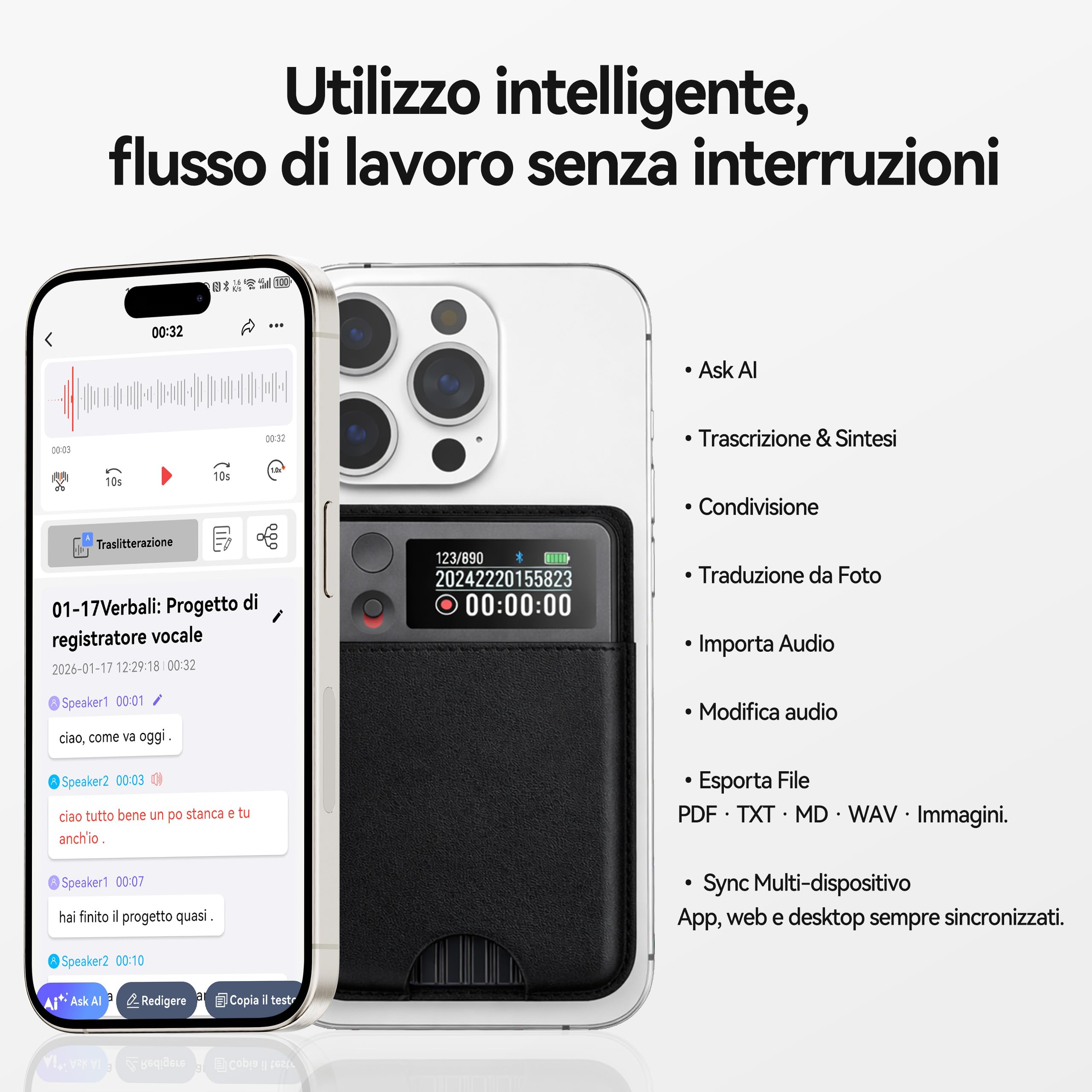 Registratore Vocale AI con Trascrizione e Riassunti AI Avanzati, 1200 Minuti al Mese, Audio HD, con Custodia, per Riunioni di Lavoro, Lezioni e Chiamate, Regalo per Professionisti e Studenti