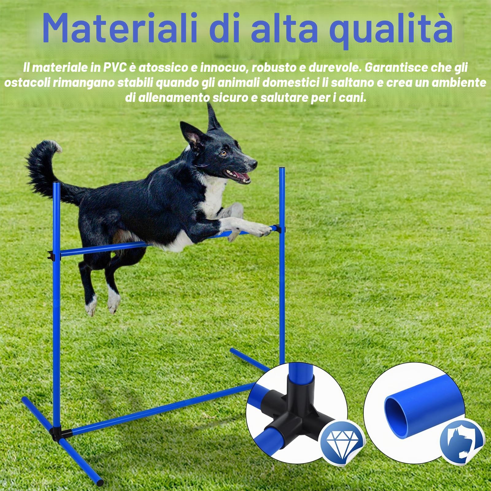 Agility - Set di 4 ostacoli per animali domestici, con borsa per il trasporto, regolabile in altezza, in plastica, blu