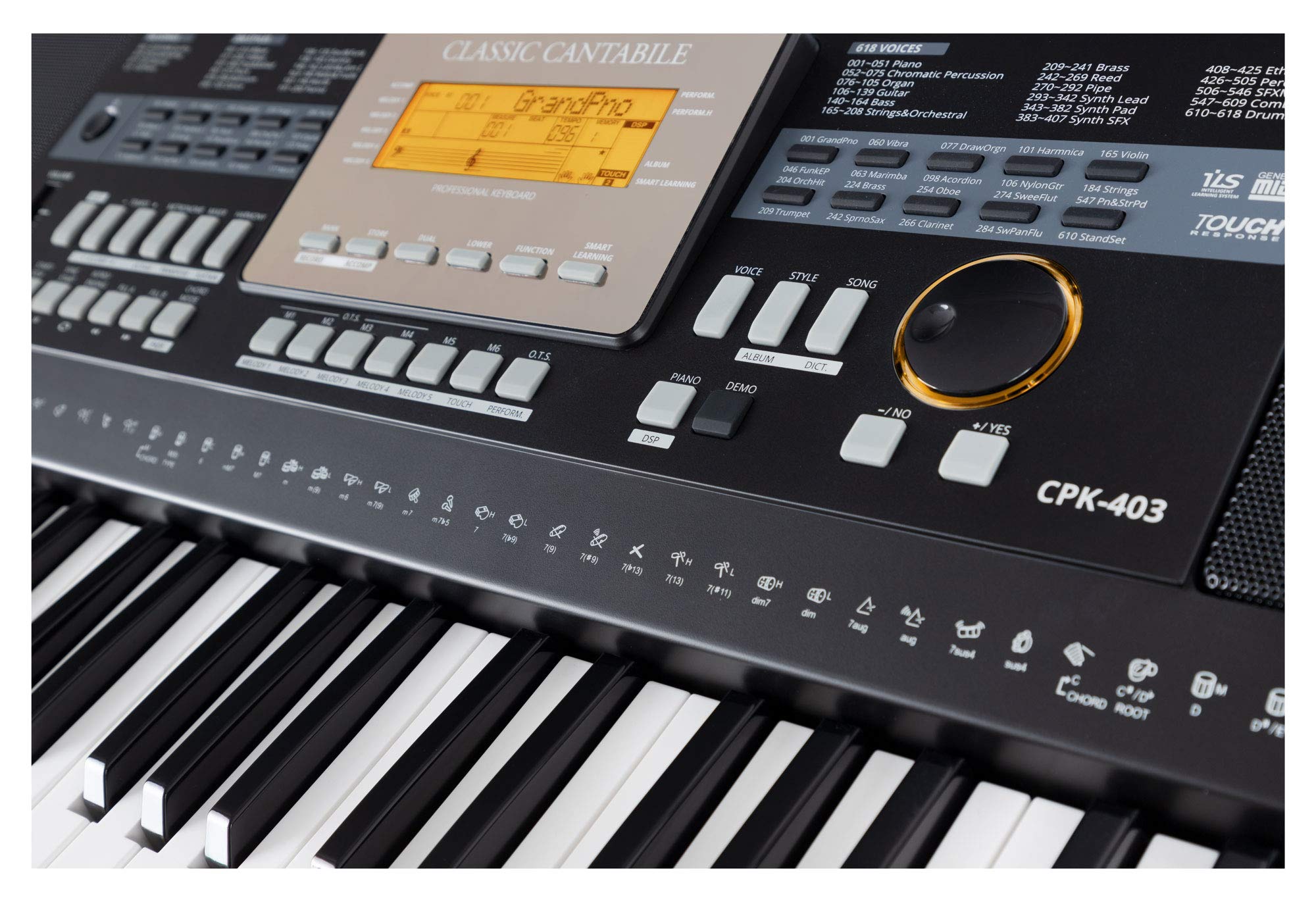 Classic Cantabile CPK-403 Keyboard - 61 Tasten mit Anschlagdynamik - 618 Klänge und 200 Begleitrhythmen - Anschlüsse für Kopfhörer, Sustain-Pedal, AUX In/Out und Mikrofon - schwarz