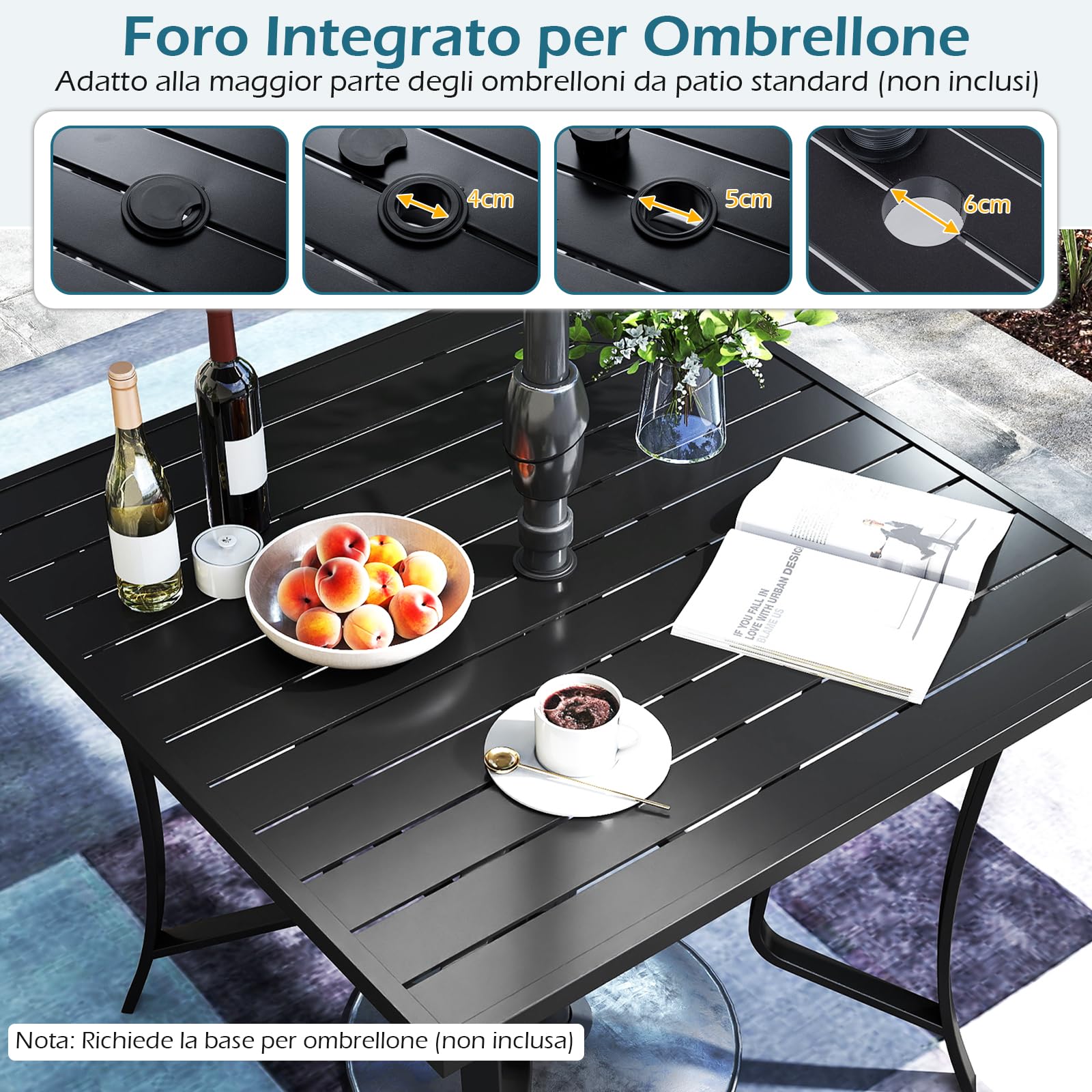 COSTWAY Tavolo Esterno in Metallo, con Foro per Ombrellone, Tappo per Foro, Tavolo Caffè Quadrato per Patio Cortile Piscina, 91 x 91 x 73 cm