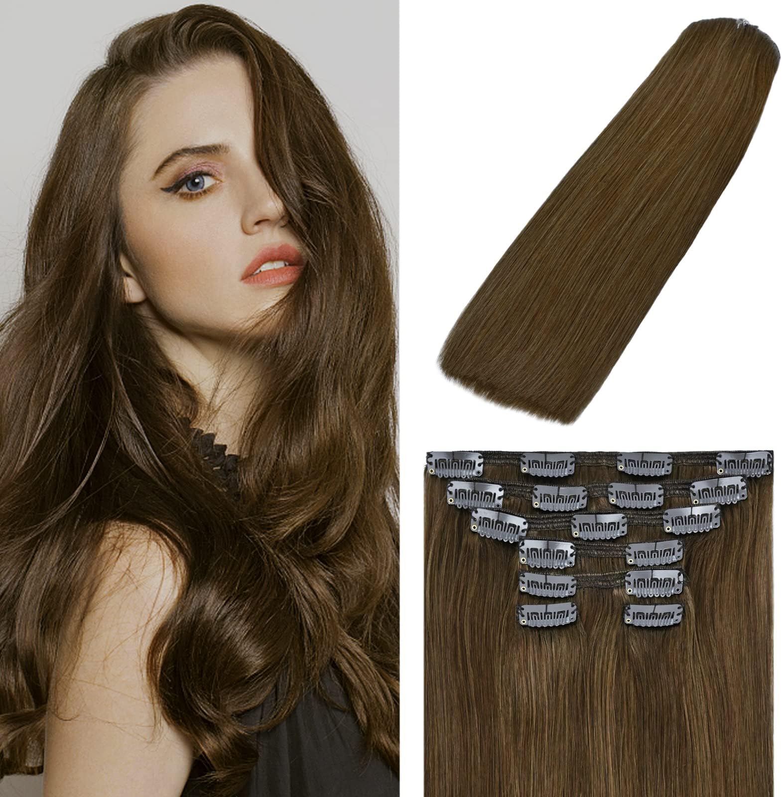 WindTouch Clip In Hair Extensions Medium Brown 120g For Women Natrual Real Human Remy Hair Extensions Basic Color Full Head (#4 18Inch 7PCS)