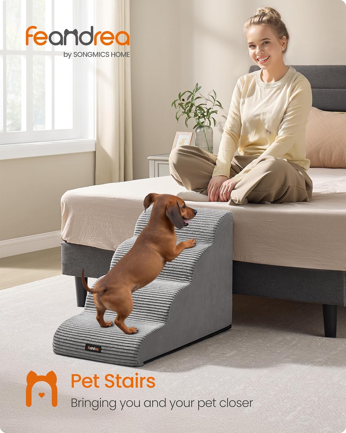 Feandrea 4-Step Dog Stairs, Dog Steps for Bed, Sofa, Waterproof Pet Stairs with Anti-Slip Designs, Gentle Slope, Removable Washable Cover, Handle, Dove Gray UPPS004G01