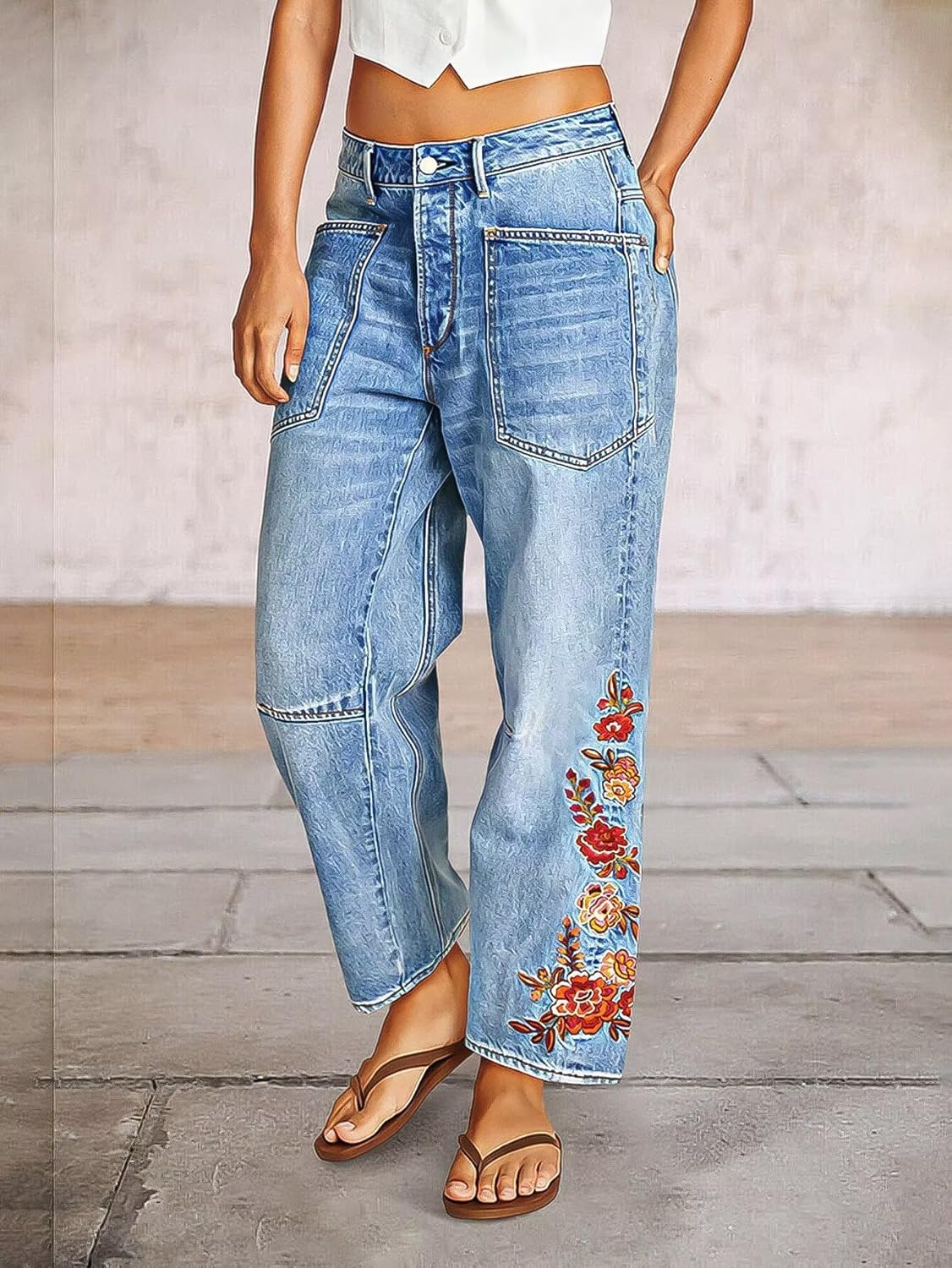 Women's High Rise Floral Embroidered Straight Leg Jeans, Light Blue Denim, Raw Hem Ankle Length, Cotton Fabric, Casual Style