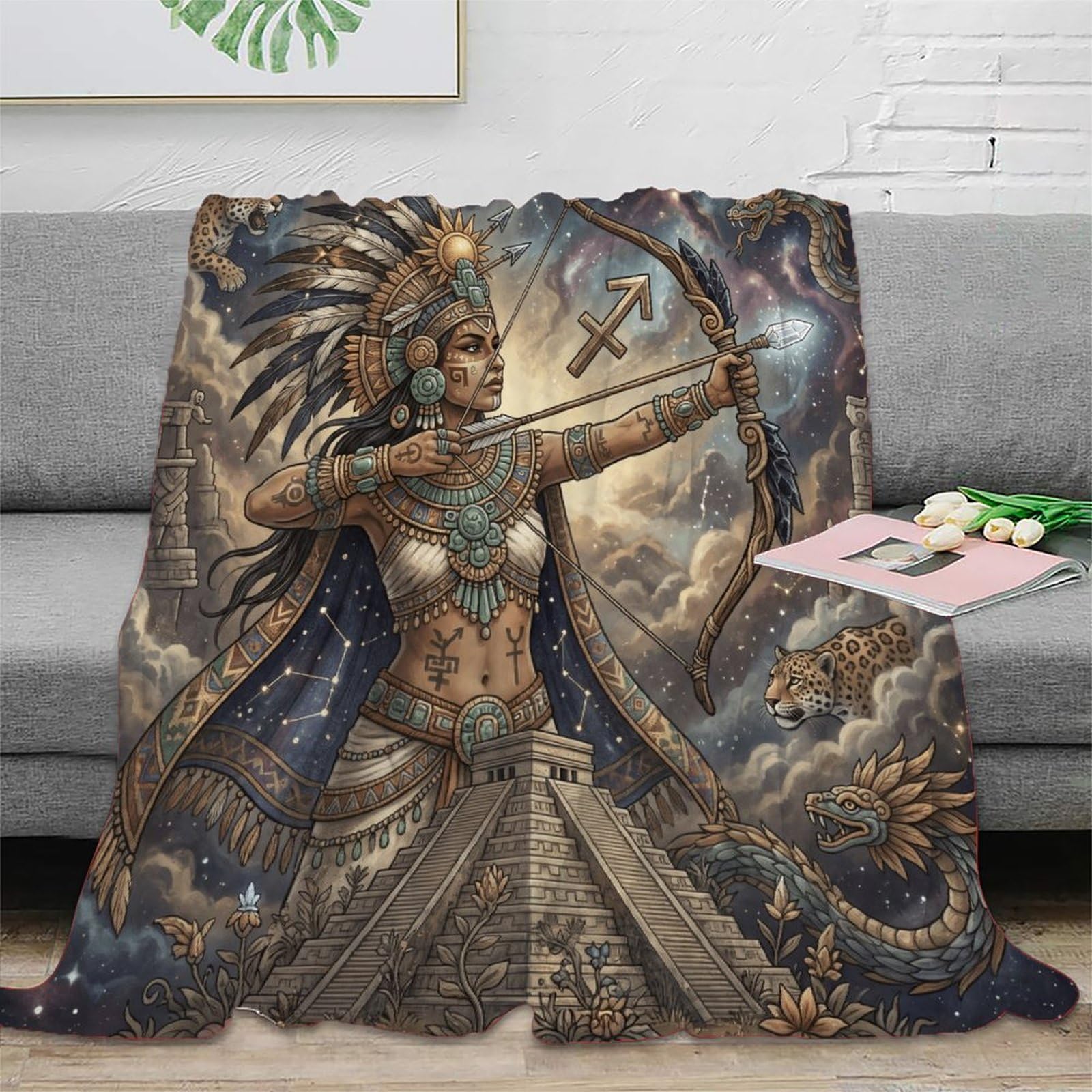 H3B8U2Y5 Sagittarius Zodiac Aztec Art Flannel Throw Blanket, Guest Room Bed