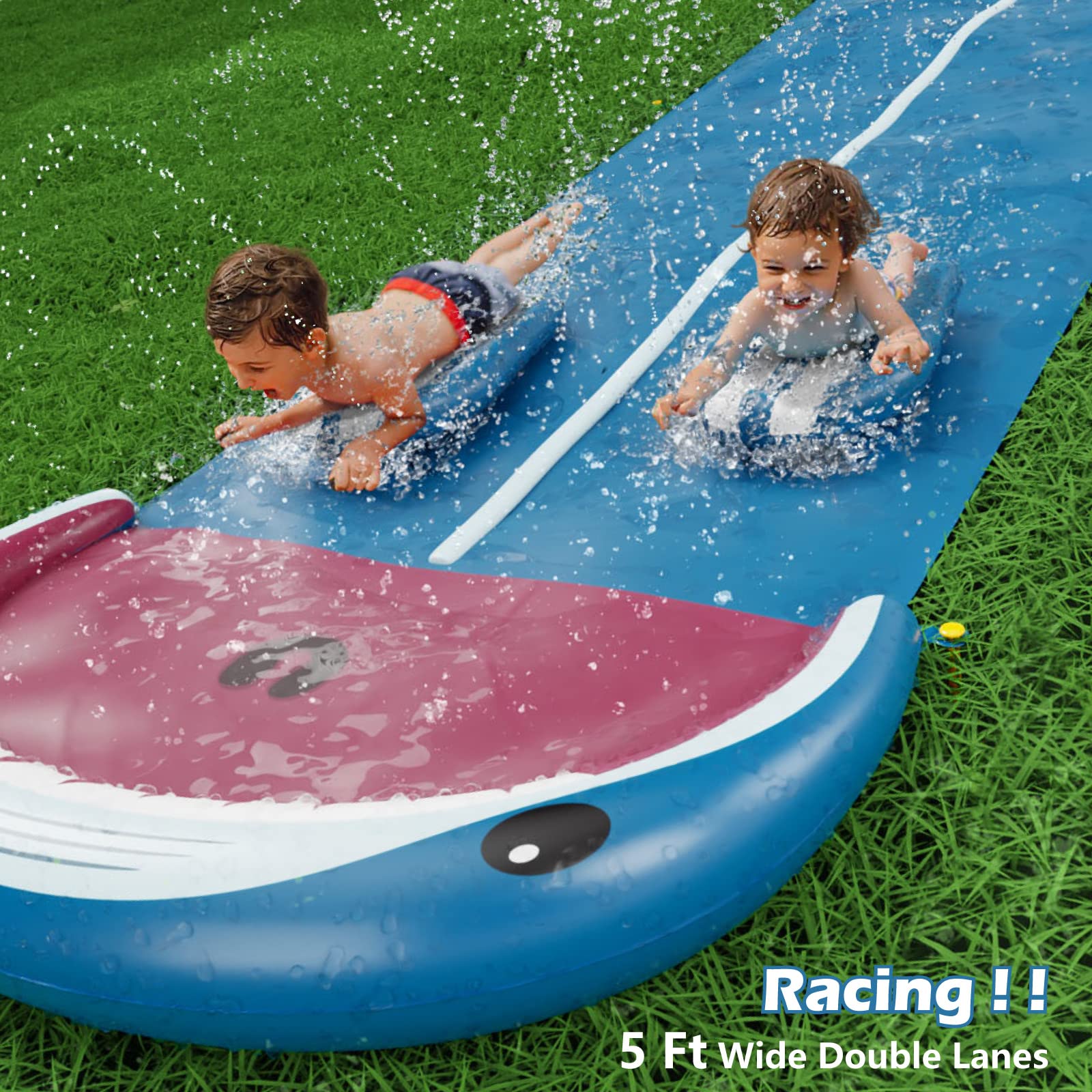 Jasonwell Toboggan aquatique pour pelouse – Toboggan aquatique robuste pour enfants et adultes avec arroseur d'éclaboussures N 2 bodyboards, jouets pour l'été, l'extérieur (requin-2 voies)