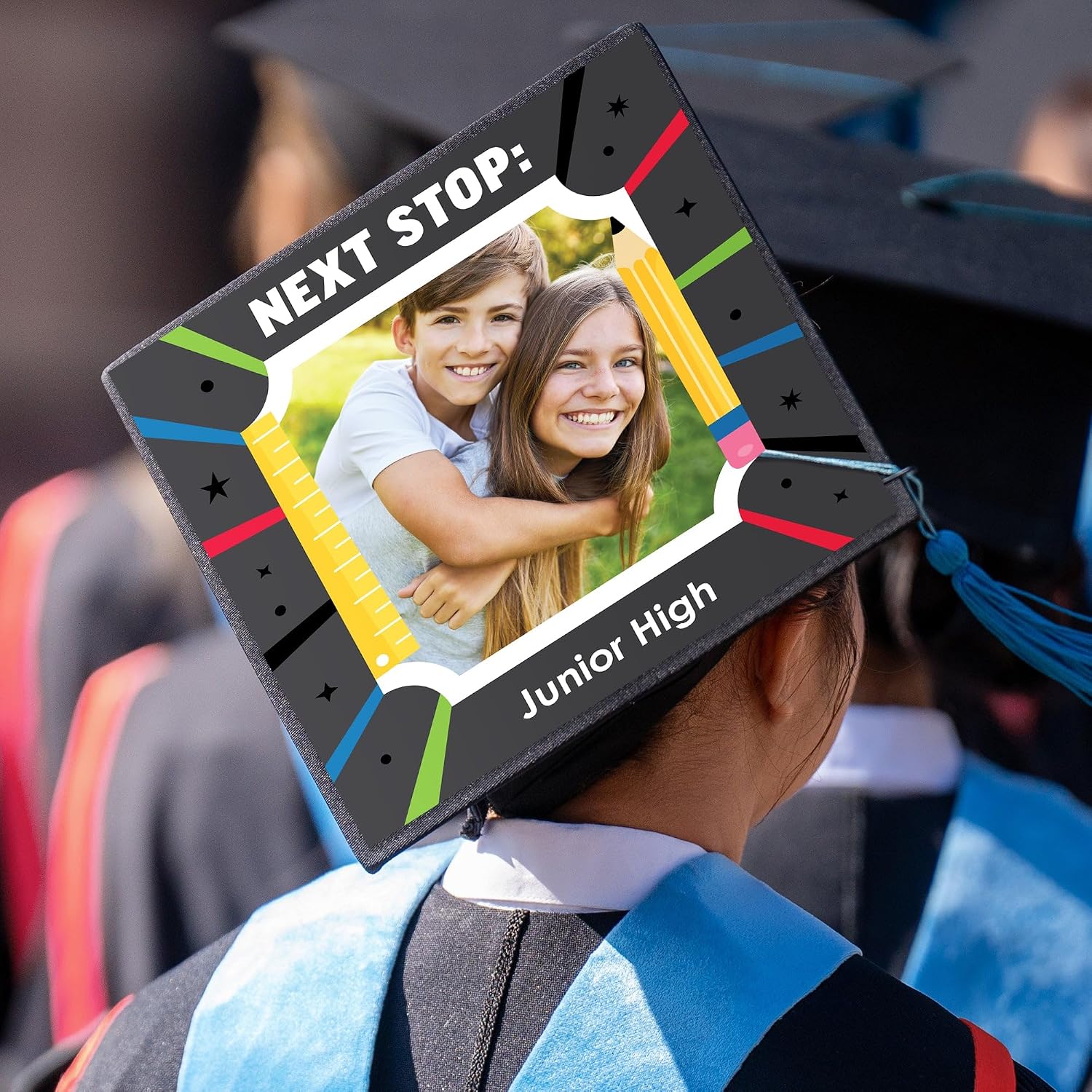 Big Dot of Happiness Custom Photo Elementary Grad Cap Cover, Personalized 5th Grade Graduation Cap Decorations Kit for Middle School Here I Come - 1 Count