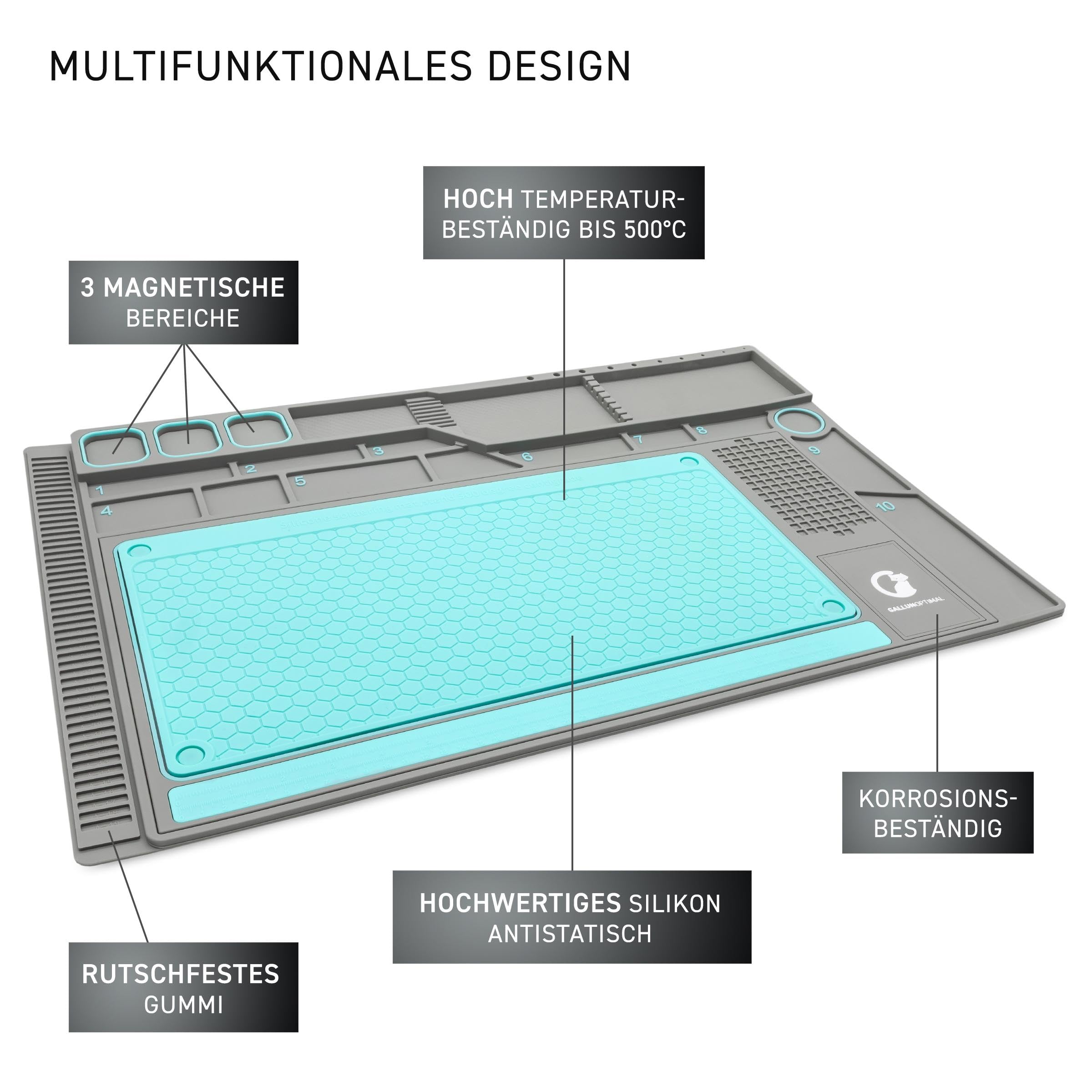 ESD-Arbeitsunterlage und Lötmatte Größe L 57 x 38 cm, Soft-PVC/Gummi mit abnehmbarer Silikoneinlage bis 500°C, Bauteil- und Werkzeugorganizer, 3 magnetische Bereiche