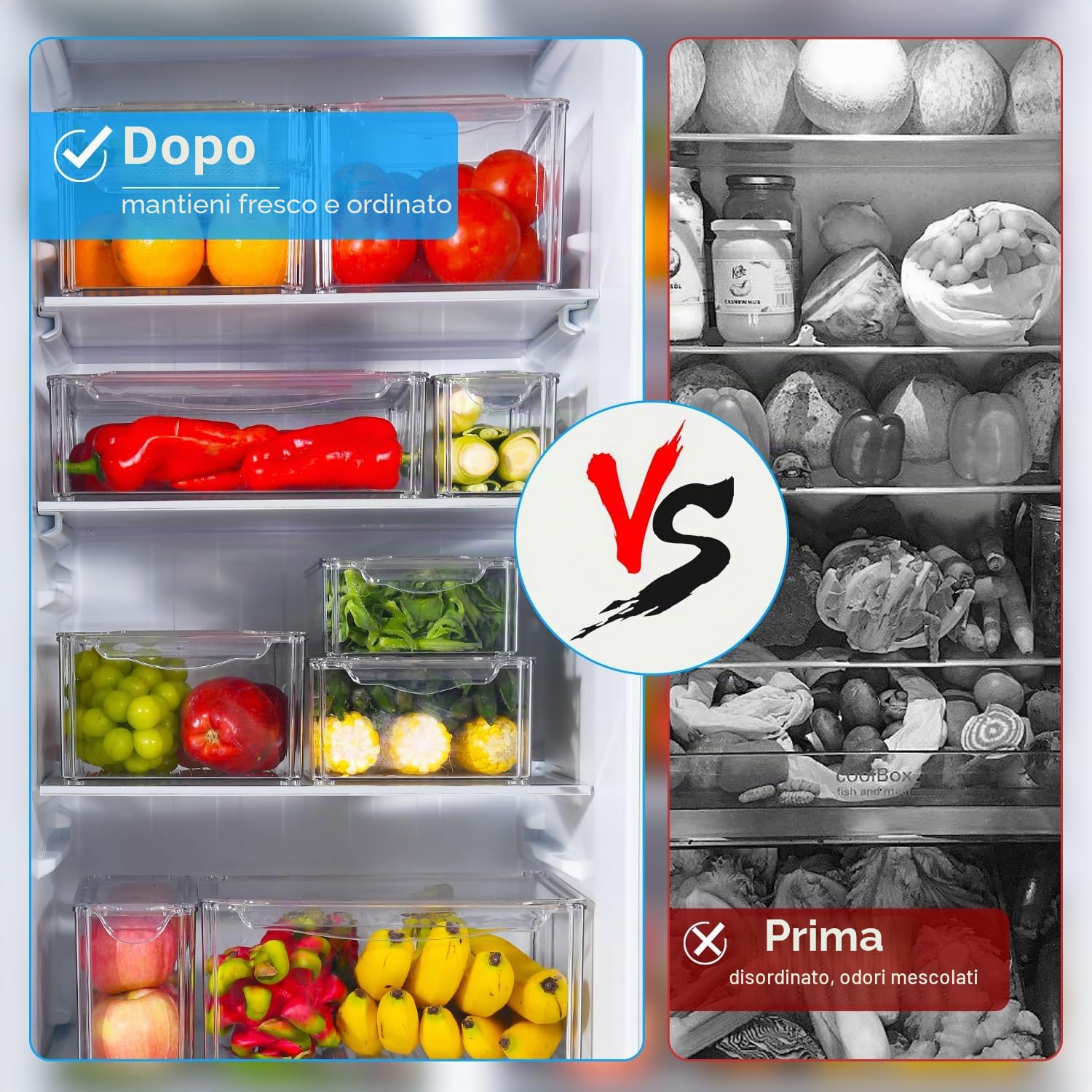 KUMD Organizer Frigorifero 10 Pezzi, Transparenti, Senza BPA - Contenitori frigo con Coperchi per Frutta, Verdura e Cucina, Accessori Frigorifero