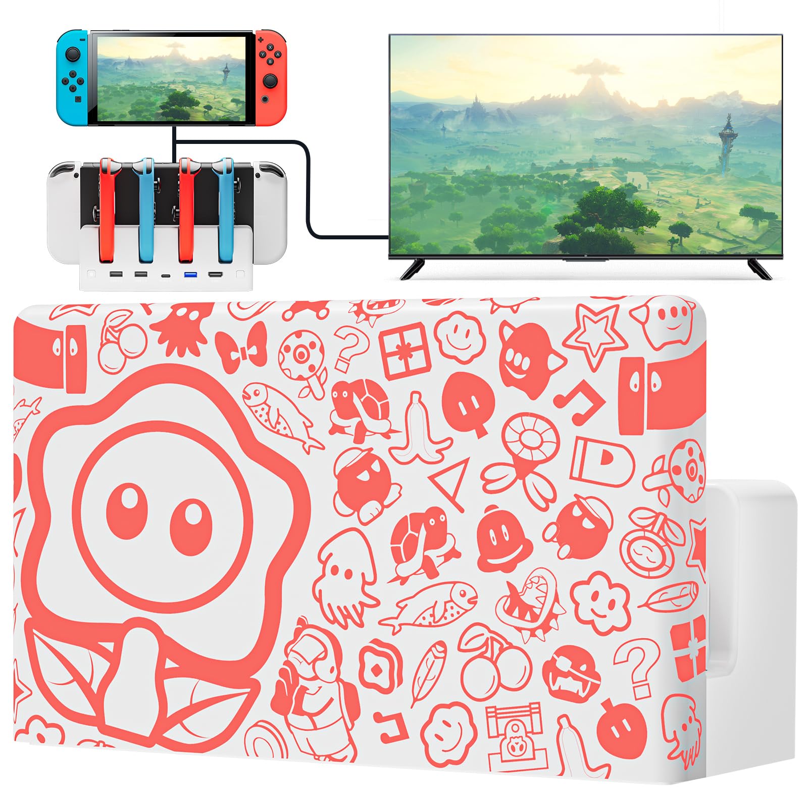 Switch Dockingstation mit Joypad-Ladegerät, 1080P HDMI, multifunktionale Ladestation, 7 LED Farben/USB 3.0 Anschlüsse, Weiß
