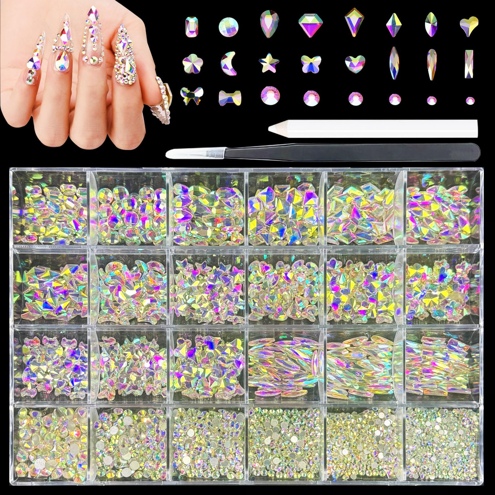 Kit de diamantes de imitación para uñas, 18 tipos de 900 diamantes AB de forma especial y 3200 diamantes de imitación de uñas de fondo plano, piedras preciosas de cristal de uñas 3D para