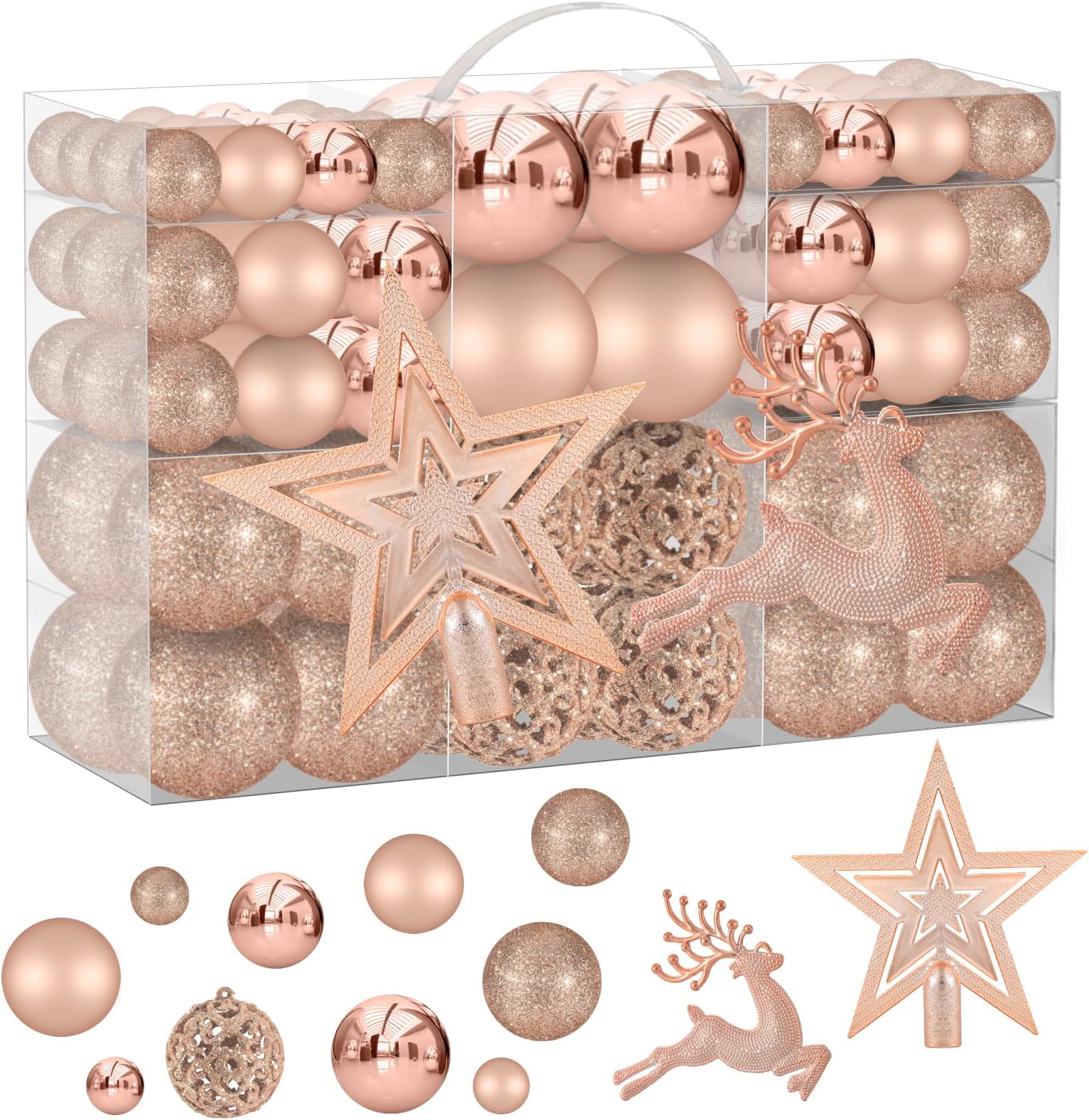102PCS Assorted Rose Gold Christmas Ornaments - Shatterproof Xmas Tree Decorations Set