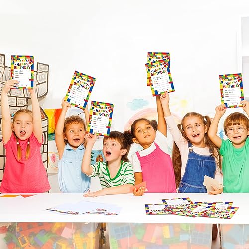 Miniatura 5 de Nezyo Paquete de 60 invitaciones para fiesta de cumpleaños con sobres, bloques de construcción coloridos a granel, invitación de fiesta, ladrillos