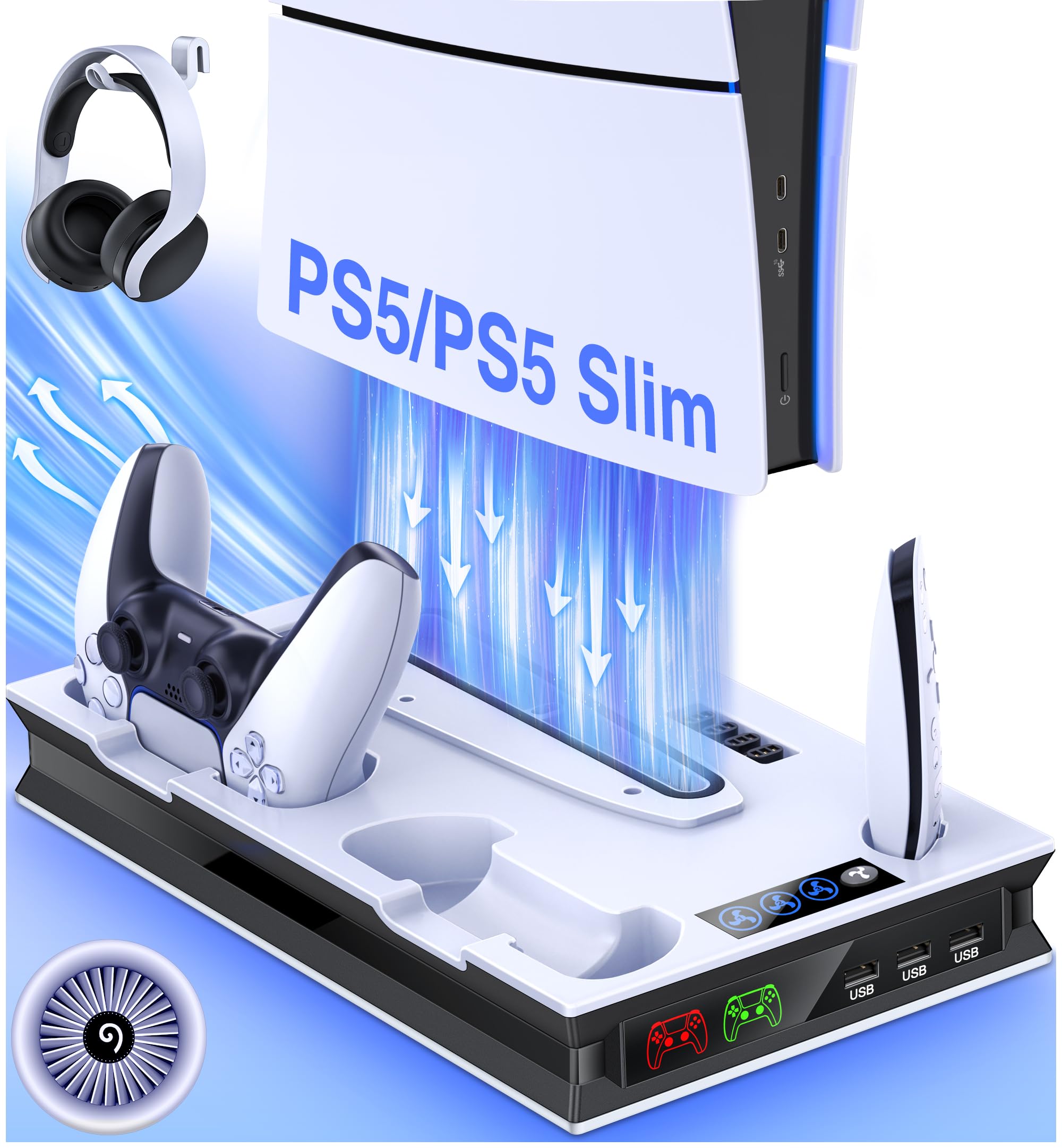 GAMSINGY Soporte para PS5 con ventilador, soporte para PS5/Slim/Pro Disc/Digital Edition, soporte para auriculares/controlador PS5 estación de carga/mando a distancia Solt/3 USB Hub
