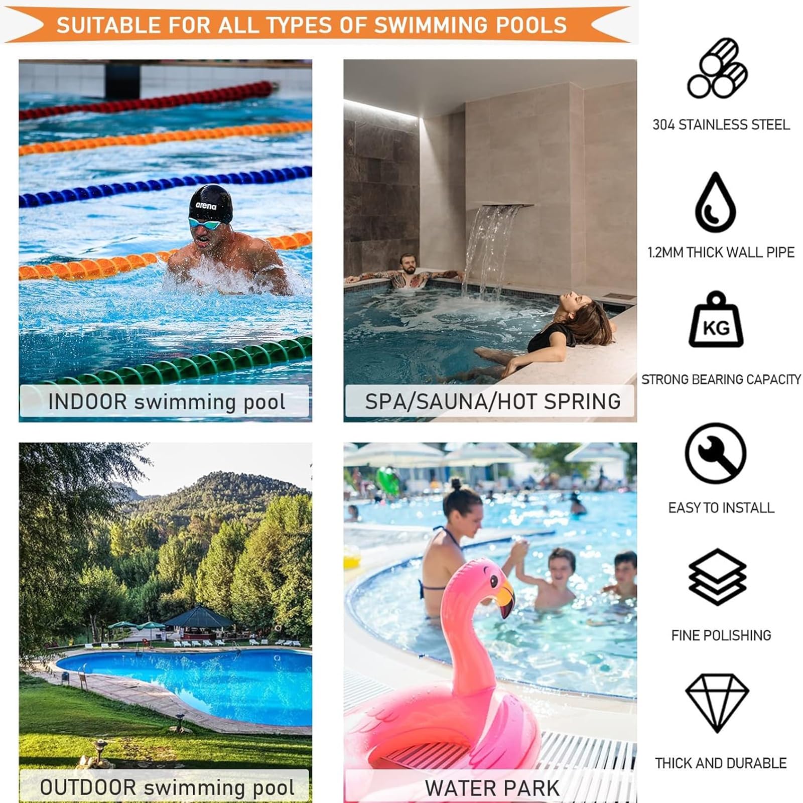 Barandilla para Piscina, pasamanos de Acero Inoxidable 304 para Piscinas - Asas ergonómicas de 3 Curvas, barandillas para escaleras de Piscinas fáciles de Instalar para Piscinas y spas, robu