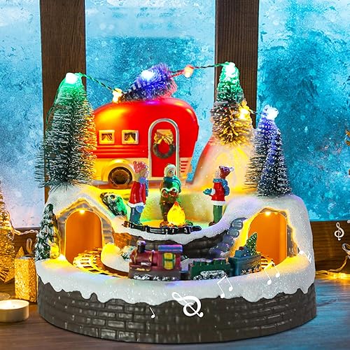 Miniatura 9 de Casa de pueblo de Navidad, edificios coleccionables musicales de Navidad, rotación de tren de hoguera con luces LED, aldea de vacaciones con USB,