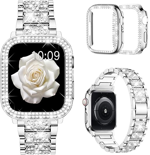 Mosonio Compatible with Apple Watch Band 38mm 40mm 41mm 42mm 44mm 45mm 46mm 49mm with 2 Pack Case Women, Jewelry Replacement Metal Bands Strap with Bling PC Protective Case for iWatch Ultra SE Series 11/10/9/8/7/6/5/4/3/2/1