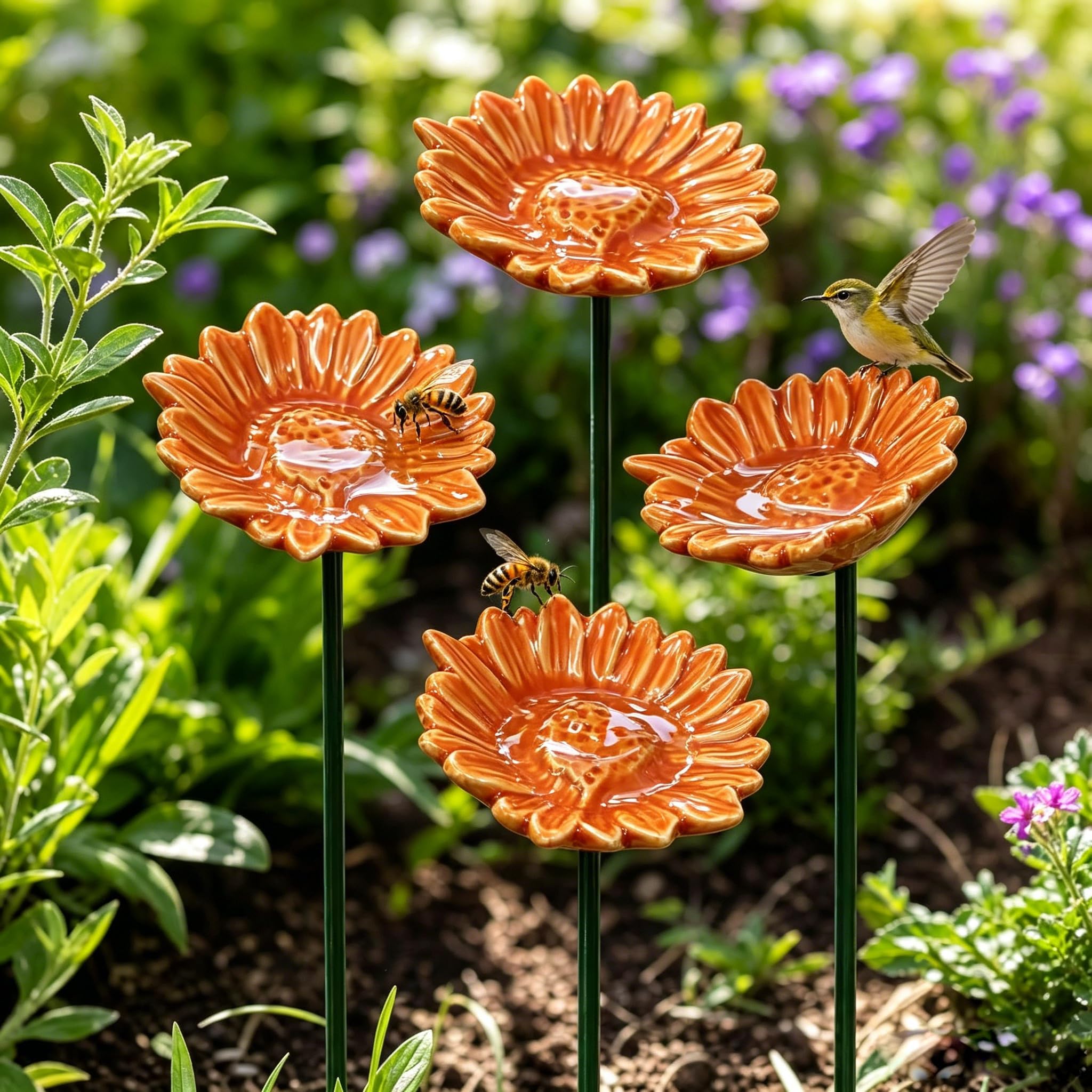 Bee Watering Station For Garden, Ceramic Flowers For Bees, Handmade Ceramic Mini Pollinator Watering Station,Small Outdoor Garden Stake Yard Art Decor Gift for Patio Lawn Balcony Pots (4pcs-D)