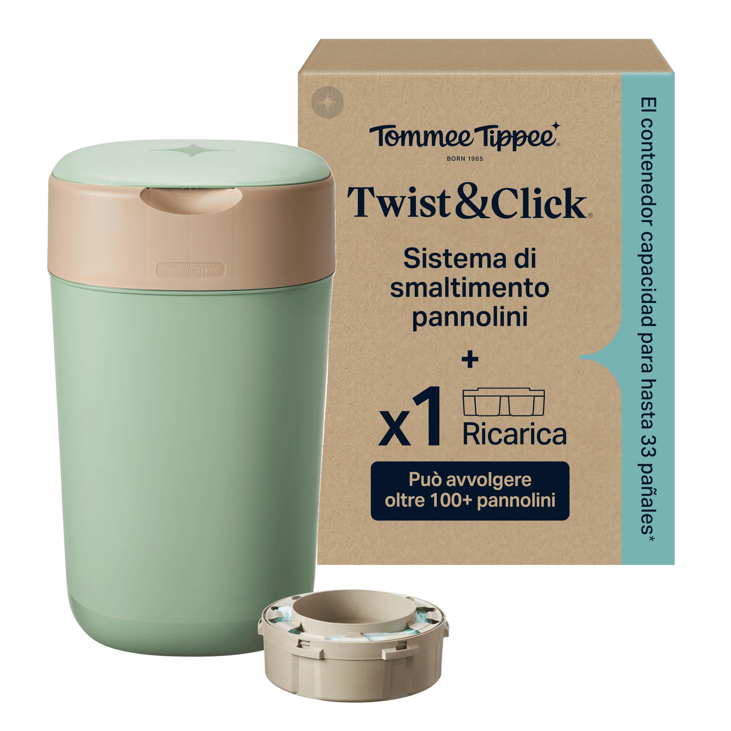 Tommee Tippee Mangiapannolini Twist & Click, + 1 Ricarica da 10,5 m, Verde