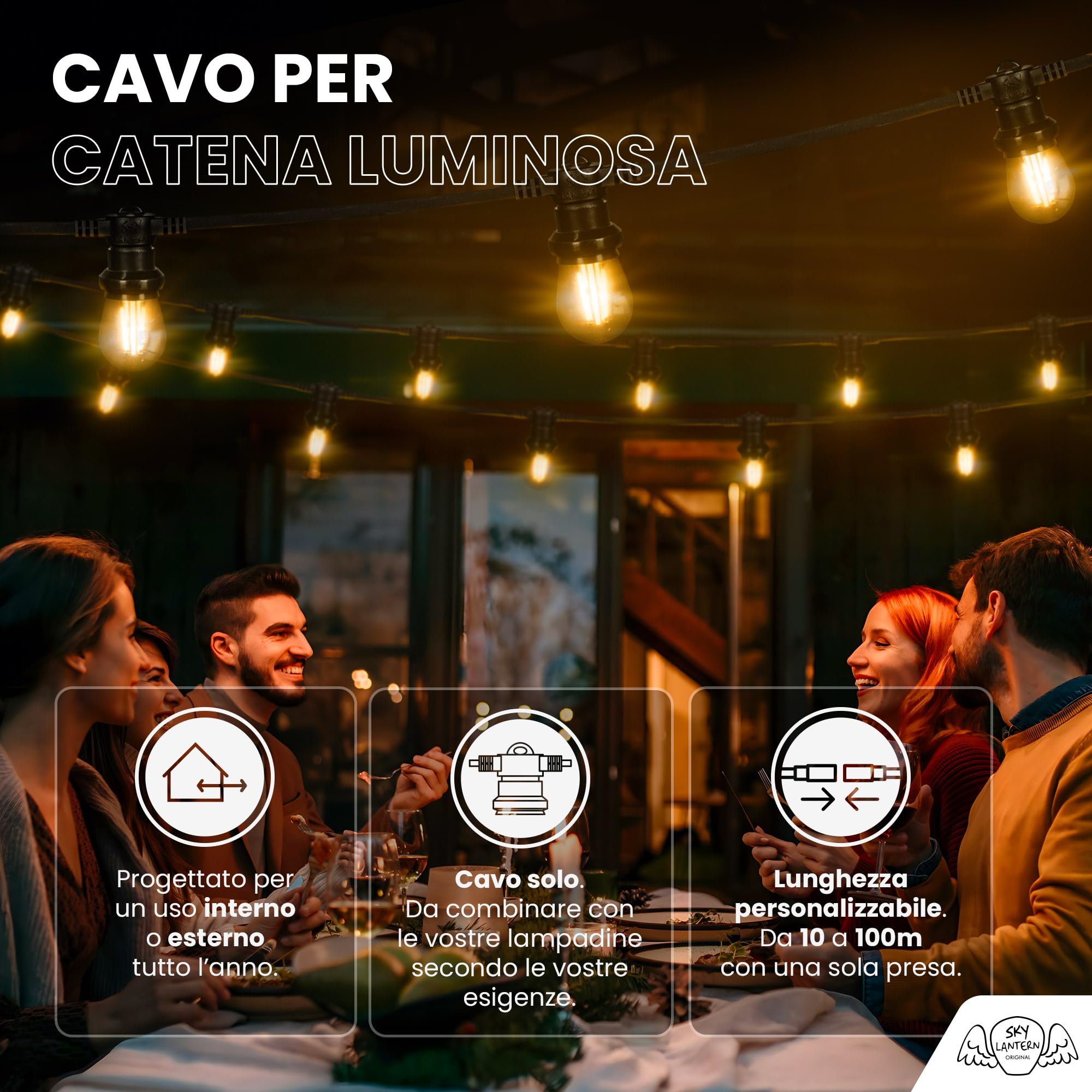 SKYLANTERN® Catenaria 50M 50 Portalampada E27 IP65 Nera Prolungabile - Catena Luminosa Esterno Professionale per Terrazza Giardino Bar Matrimonio