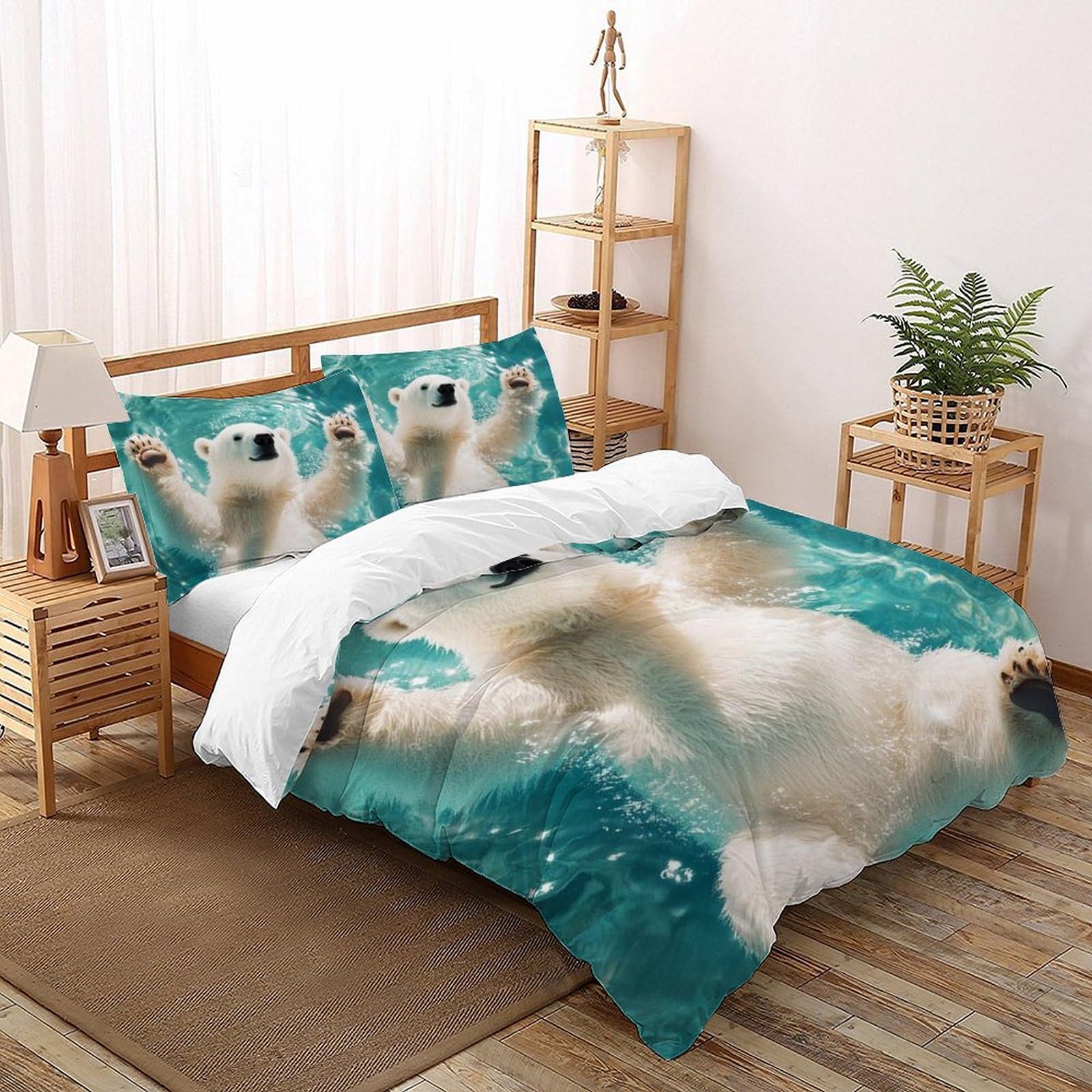 Housse de couette ours polaire 260x220 infroissable en microfibre douce pour lit enfant et fille