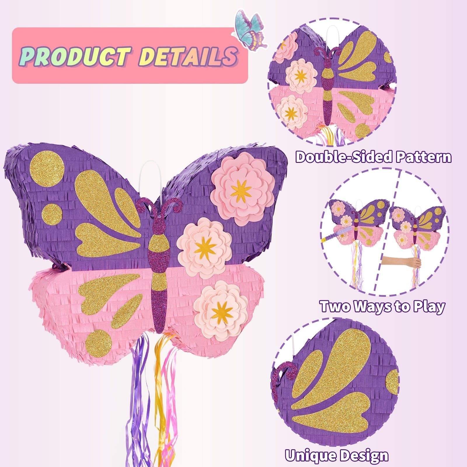 WERNNSAI Farfalla Pinata – farfalla compleanno pinata decorazione ragazza bambini rosa viola fiori piñata con bastone maschera occhi nappa coulisse festa di compleanno decorazione divertente piñata