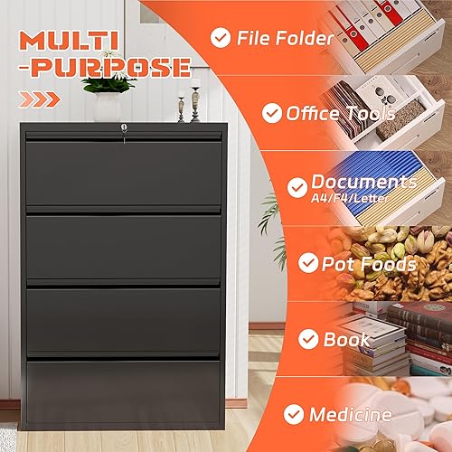 Miniatura 3 de INTERGREAT Archivador de 4 cajones, archivador lateral con cerradura, archivador de oficina de metal con marco ajustable para archivos legales,