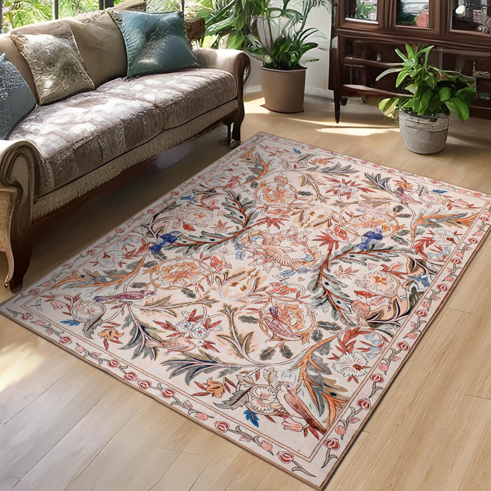 TUKDAK Vogel Waschbar Teppich Wohnzimmer 120×180cm, Rose Vintage Küche Teppich mit Rutschhemmender Gummirückseite, Weich Kurzflor Schlafzimmer Carpet, Boho Tier Kinderzimmer Esszimmer Büro Matte