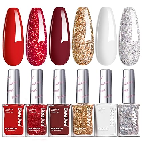 Beetles - Esmalte de uñas rojo juego de 6 esmaltes de uñas con brillantina, color rojo burdeos brillante, de secado rápido y de larga duración,