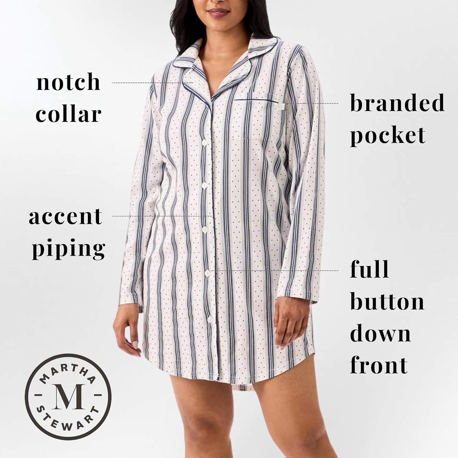 Martha Stewart Classic Long Sleeve Nightshirt for Women | Cotton Notch Collar Striped Sleepwear | Timeless and Elegant - Image 3