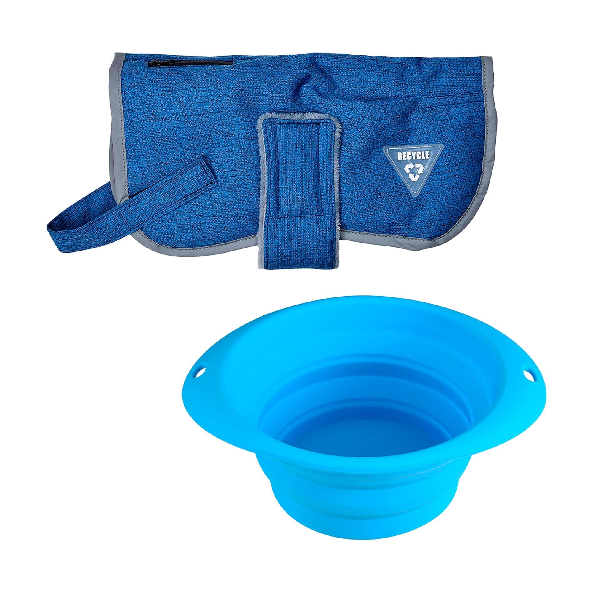 Manteau bleu 35 cm et gamelle pliante pour protéger et abreuver votre chien