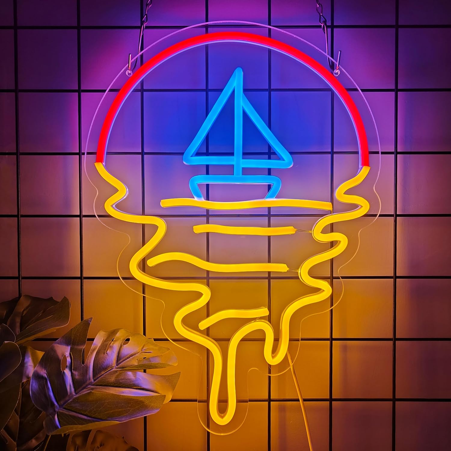 Heliwey Sailing Boat Neon Sign LED Sailboat Sign Sun Neon Light for Bedroom Wall Decor Lake Sign for Man Cave Gaming Room Party Holiday Dimmable Art Sign Sunrise Sunset Neon Signs