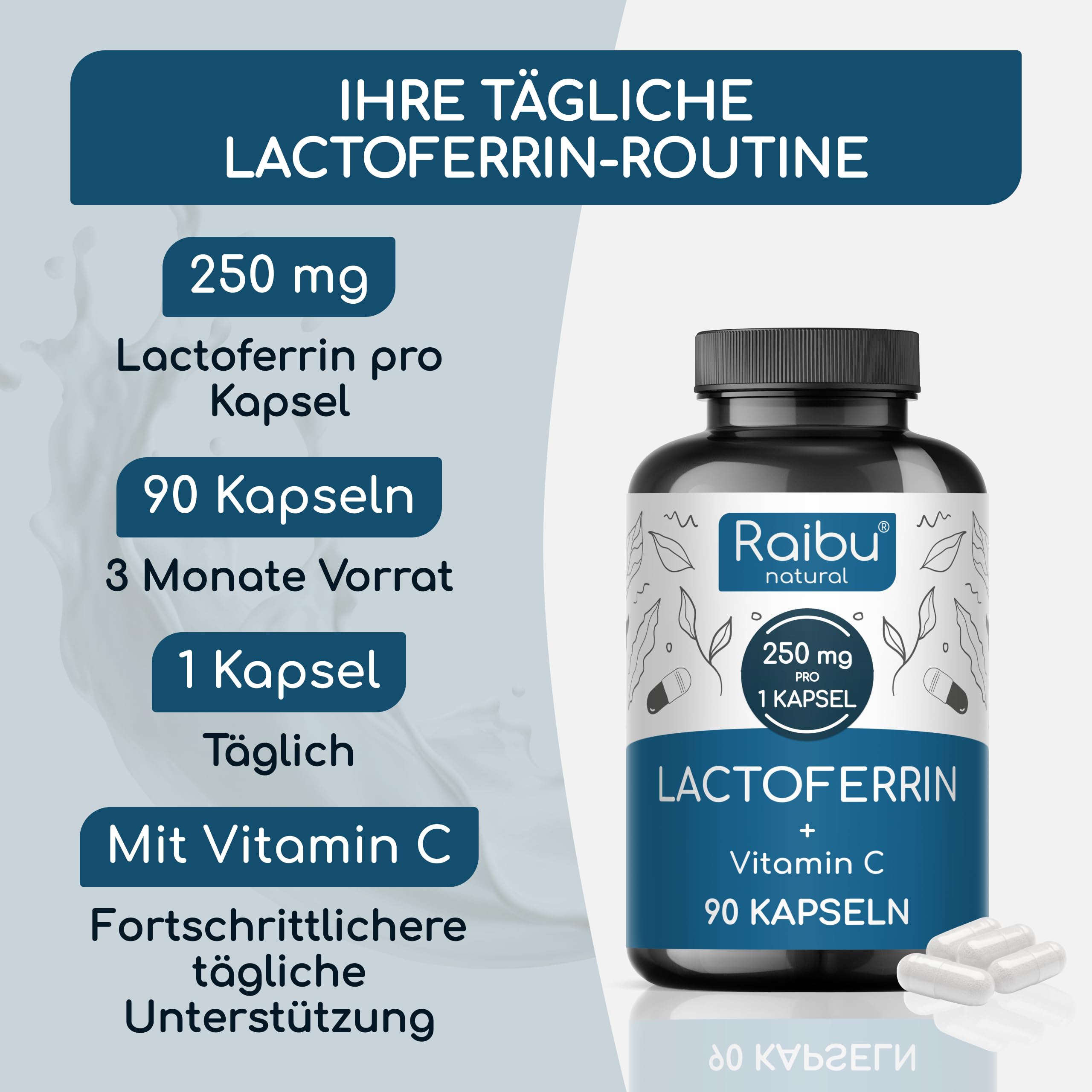 Lactoferrin 250 mg pro Kapsel - 90 Kapseln: 3 Monate Vorrat - mit 60 mg Vitamin C - für Eisenaufnahme & Immunsystem - hochdosiert mit >95% Lactoferrin - 1 Kapsel täglich, ohne Zusatzstoffe