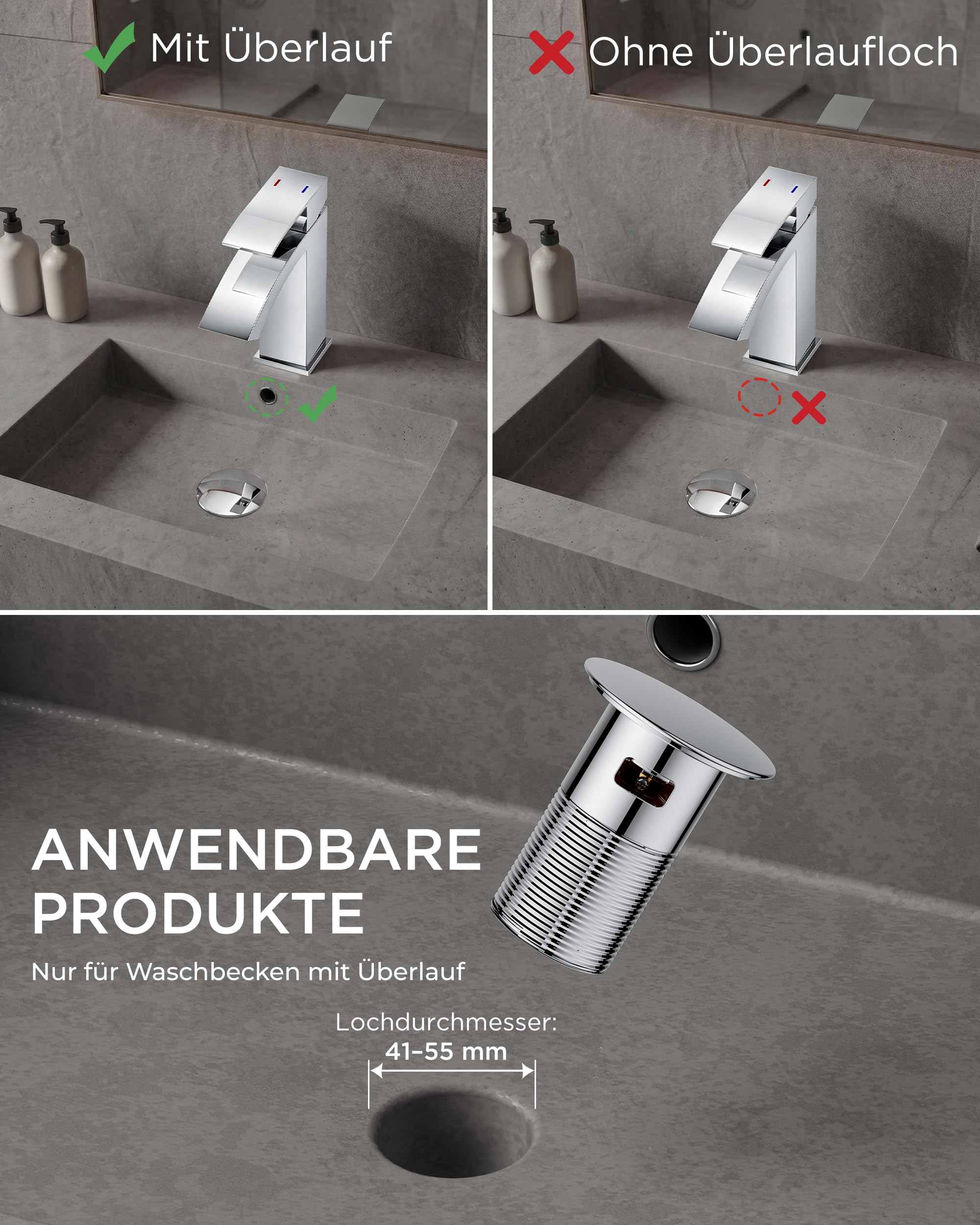 FORIOUS Wasserhahn Bad mit Ablaufgarnitur, Wasserfall Waschtischarmatur mit Auslauf Höhe 100 mm, Mischbatterie Armatur Badezimmer, Gitterauslauf, Energiesparend & Wassersparend, Chrom