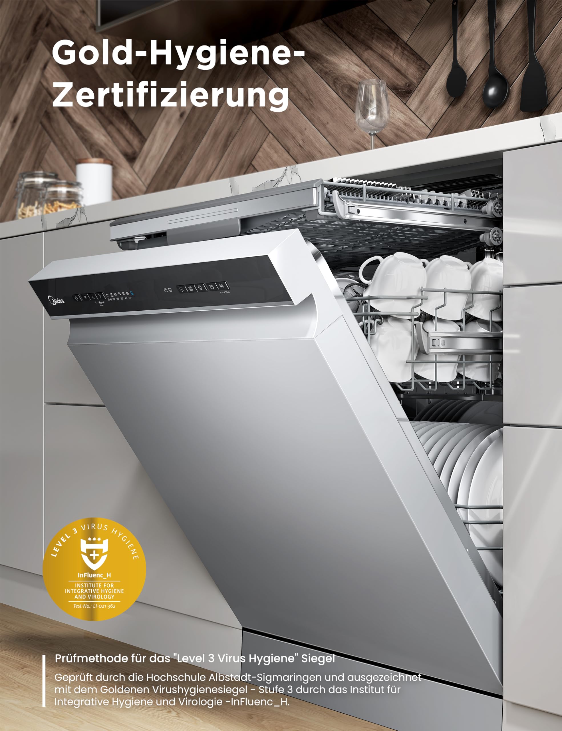 Midea SF 7.60NW14B Geschirrspüler 60cm Freistehend & Unterbaufähig, 14 Maßgedecke, 8 Programme, Spülmaschine 60 cm mit WiFi, 42 dB, Hygienepflege+, Dualzone Wash, Extra Trocknen