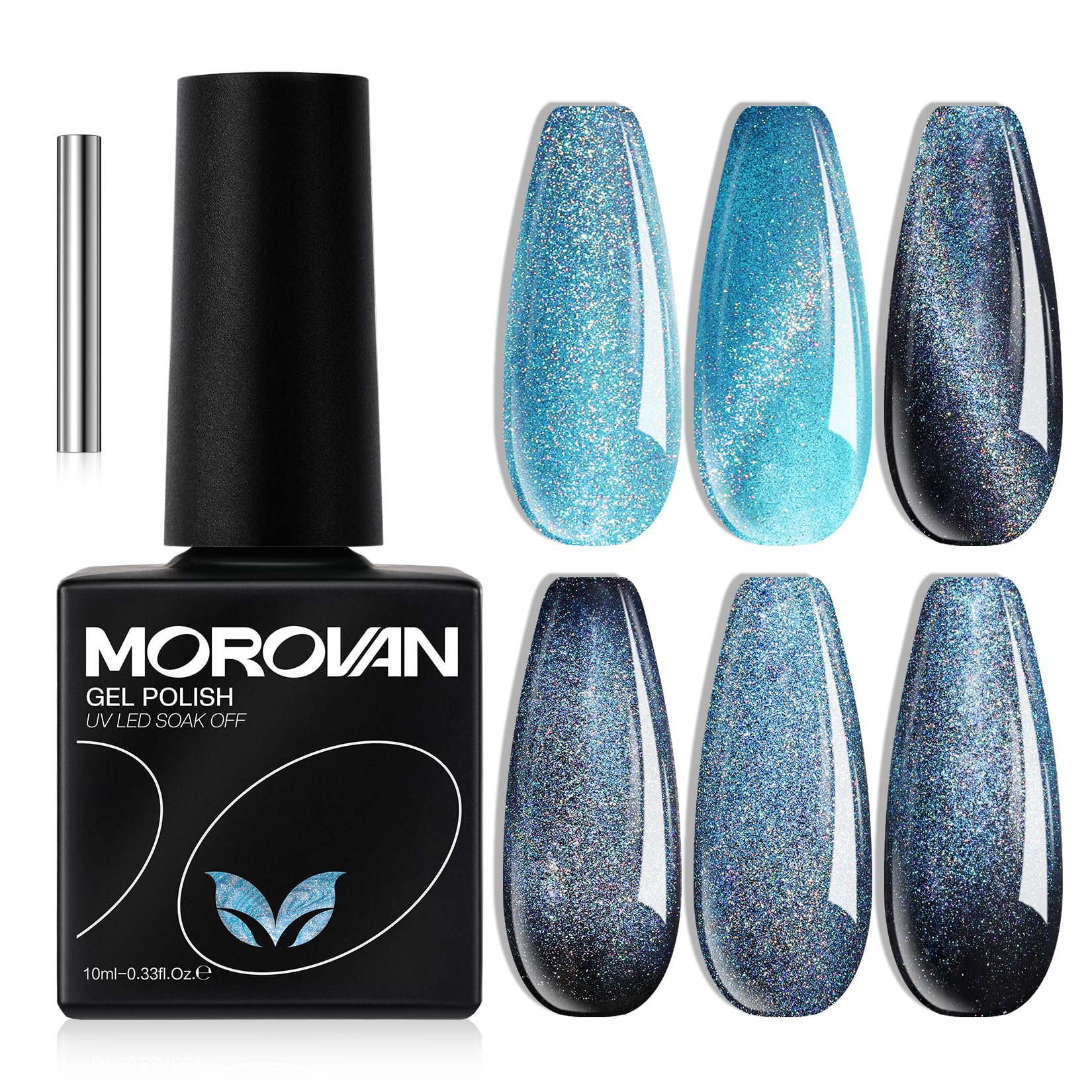 MorovanRainbow Gel Nail Polish: Galactic Blue Glitter Cat Eye Nail Gel Polish Bright Silver Shimmer Holographic Rainbow Gel Nail Polish UV LED Soak Off Nail Magnetic Gel Polish Nail Art DIY for Salon