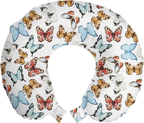 Ambesonne Almohada de viaje de mariposa varias mariposas coloridas estilo acuarela estampado de diseño bohemio de naturaleza salvaje accesorio de