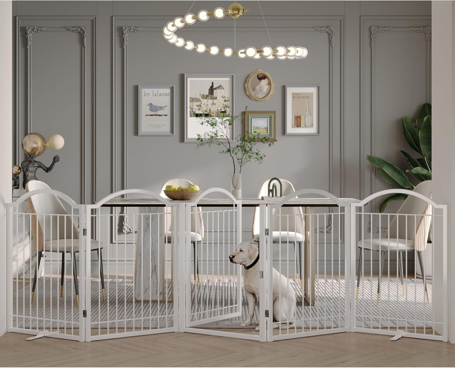 BHG Metal No-Assembly Freestanding Dog Gate with Door Walk Through, Extra Wide 120", Extra Tall 32" Pet Gate, Accordion Puppy Folding Playpen Dog Fence, with 2PCS Support (White, 5 Panels) White 5 panels