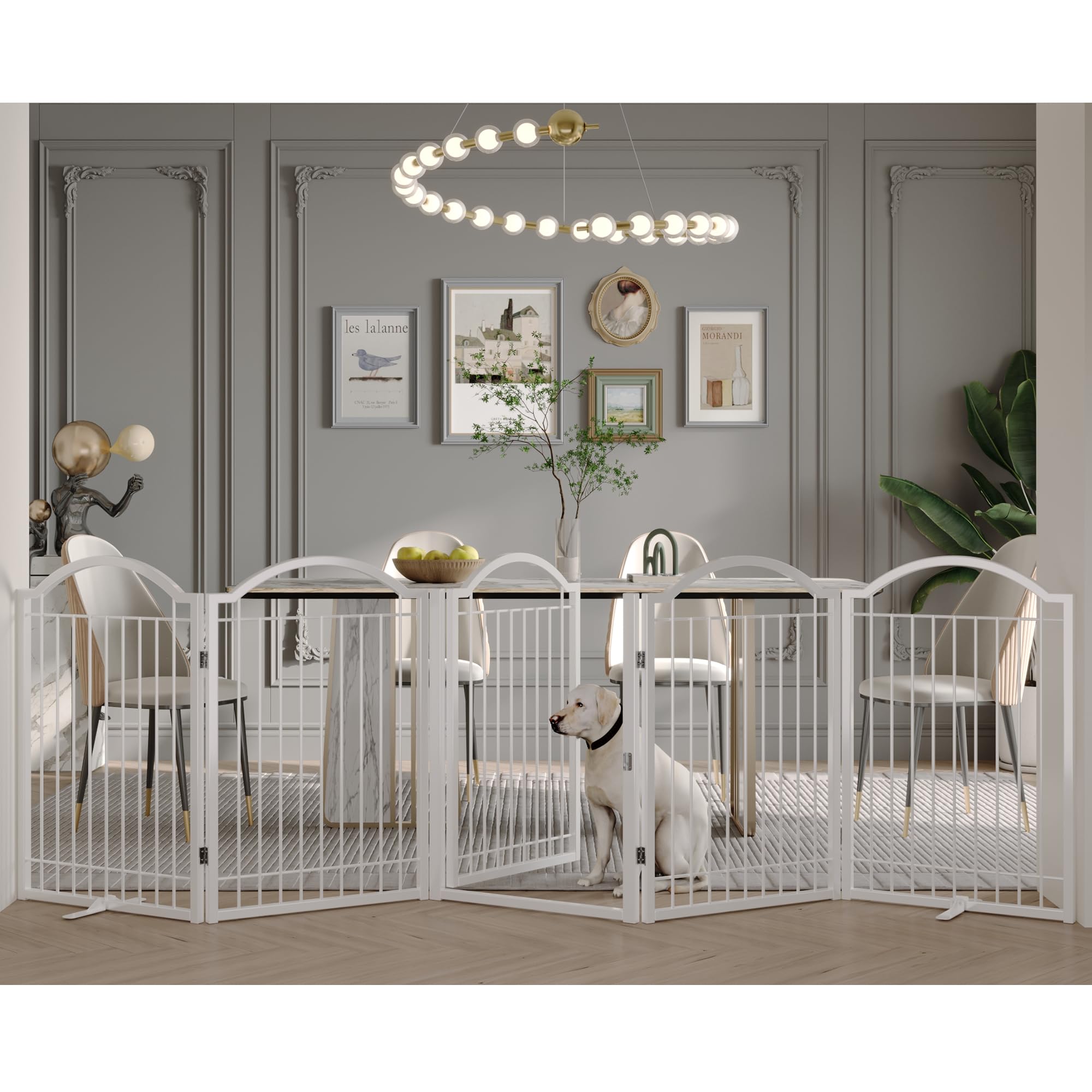 BHG Metal No-Assembly Freestanding Dog Gate with Door Walk Through, Extra Wide 120", Extra Tall 32" Pet Gate, Accordion Puppy Folding Playpen Dog