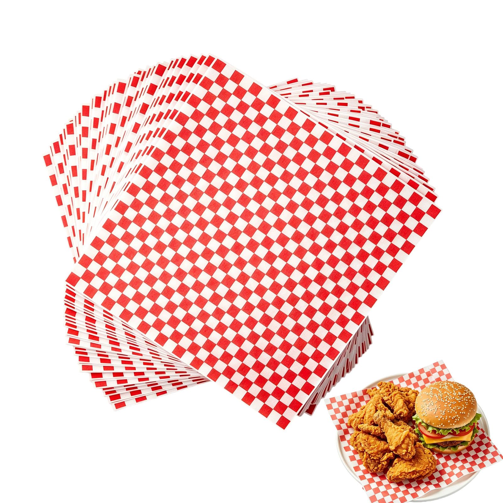 100 Sheets Red & White Checkered Deli Paper Sheets Paper Food Wrapping Paper Sandwich Wrap Paper Grease Resistant Burger Food Basket Liners (12x12 Inch)