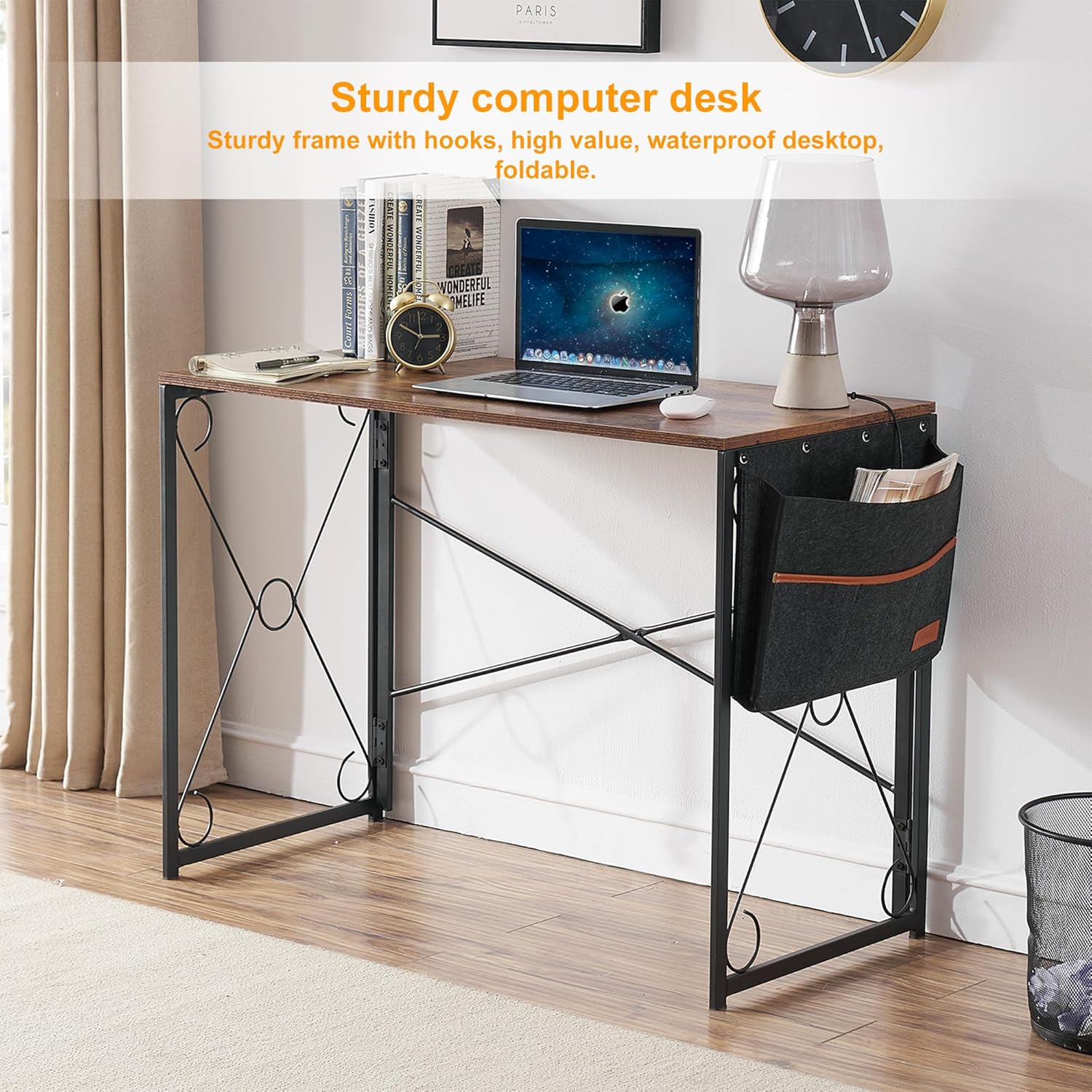 VECELO Folding Desk with Storage Bag 39 Inch Writing Desk Home Office Sturdy Steel Laptop Table for Home Office Work Retro Brown