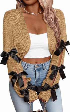 Yesfashion Womens Cropped Bow Open Front Shrug Sweater Cutout Sleeves Casual Knit Sweater