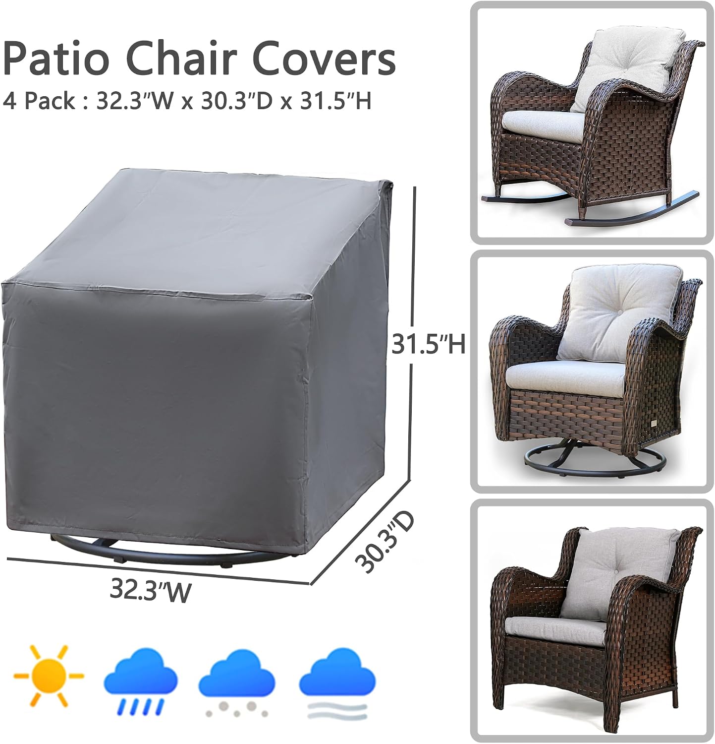 Patio Chair Covers 4 Pack, Outdoor Chair Covers Waterproof 600D Heavy Duty, All-Weather Patio Furniture Covers for Outdoor Swivel Chairs, Lawn Wicker Sofas & Rocking Chairs, Grey