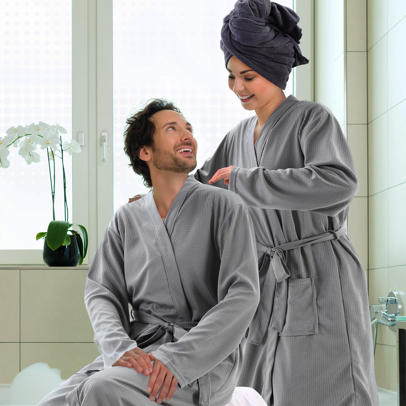 Handepo Set di 6 accappatoi da bagno a nido d'ape, leggeri, con pantofole, asciugamani per capelli, accappatoi in maglia per lui e per lei