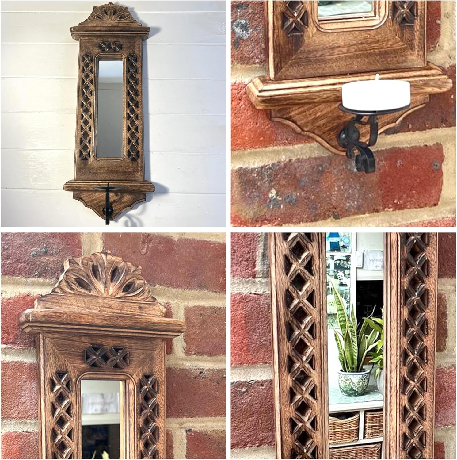 Wooden wall mirror with candle sconce | Wall mounted candle holder | Candle sconce decoration | Gothic kitchen living decoration | Hanging candle holder | 50cm x 18cm