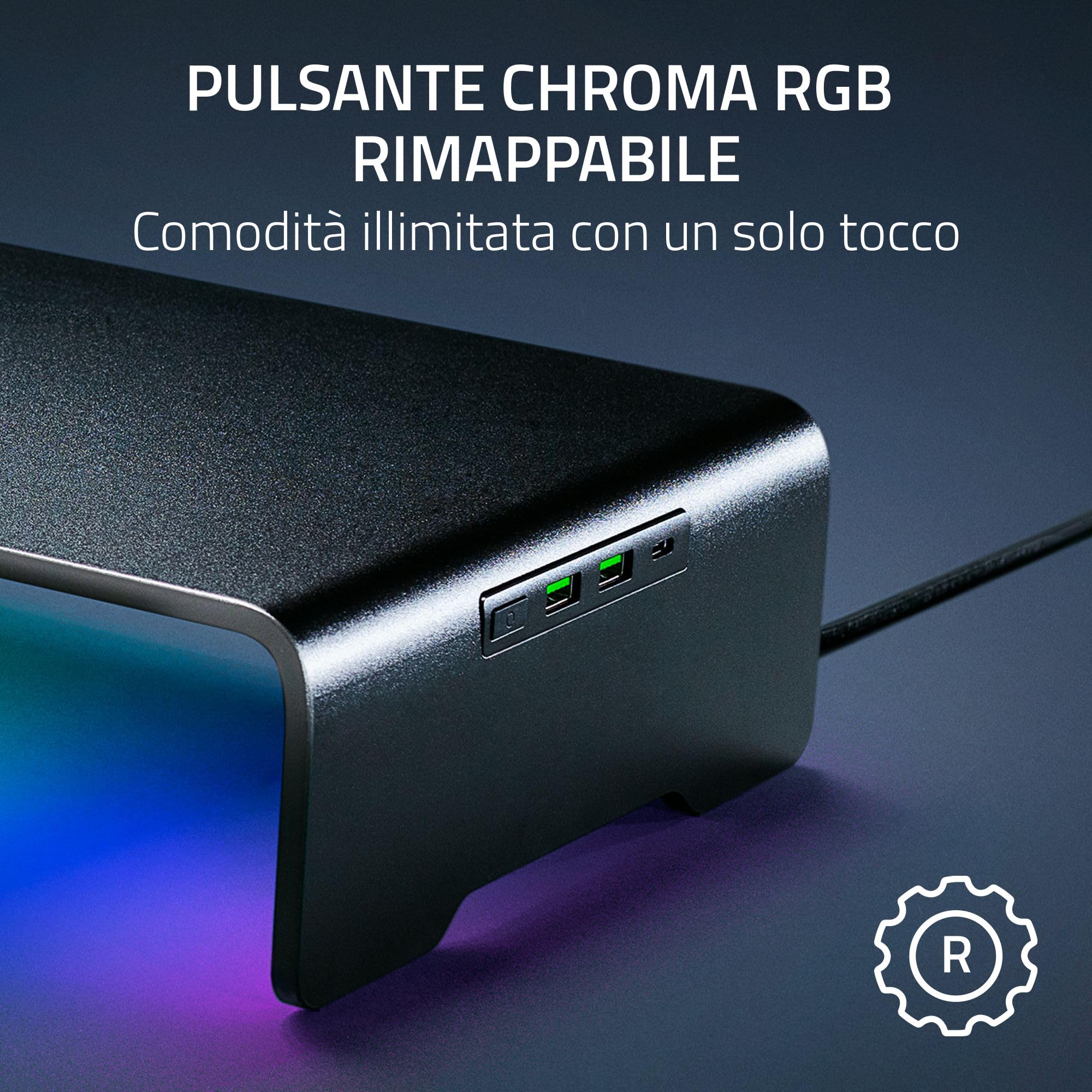 Razer Monitor Stand Chroma - Supporto per monitor in alluminio con hub USB-C a 4 vie con Chroma RGB (50cm x 21cm x 7,85cm, struttura robusta, capacità di carico 20 kg, altezza ergonomica) Nero