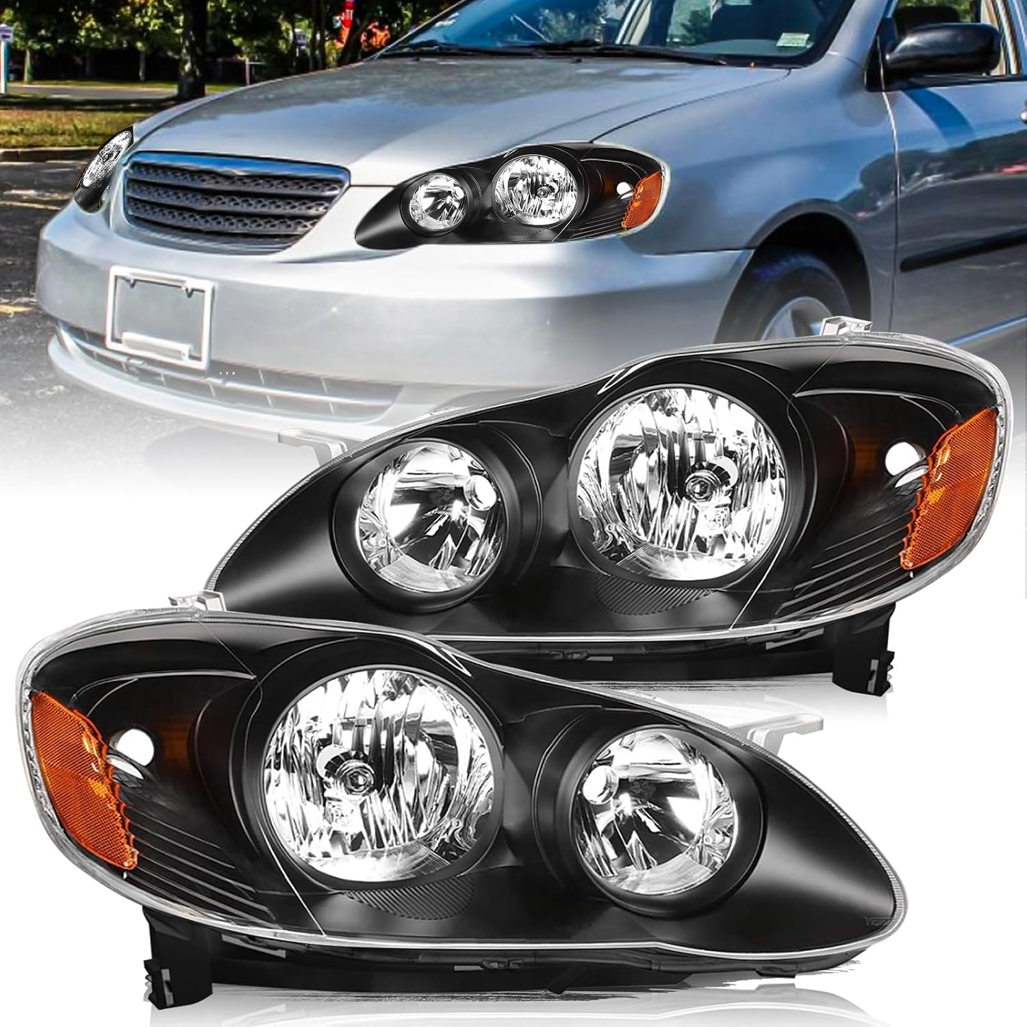 Aosky Headlight Assembly Compatible for 2003 2004 2005 2006 2007 2008 Toyota Corolla Halogen Headlamps Replacement Black Housing with Amber Reflector Driver & Passenger Side